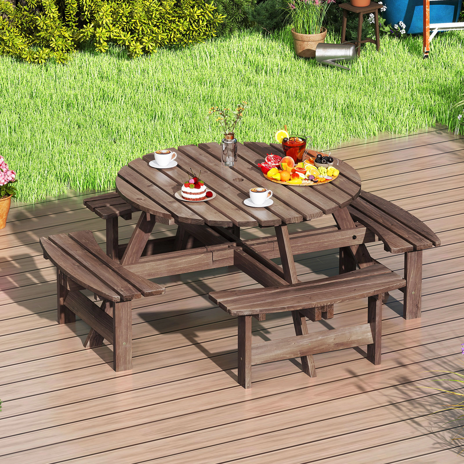 SUGIFT Brown Fir Wood Benches for Patio and Camping 8-Person Round Picnic Table Set