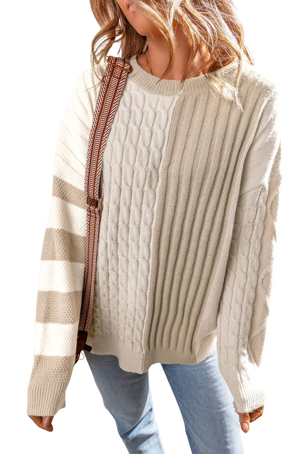 Sol Living Womens Cable Knit Colorblock Crew Neck Drop Shoulder Sweater