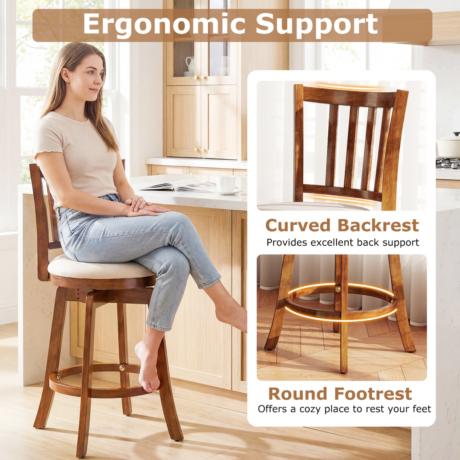 SUGIFT 360° Rotating Counter Height Chairs Set of 2 with Upholstered Seat and Backrest 350-lb Capacity Driftwood +Sand