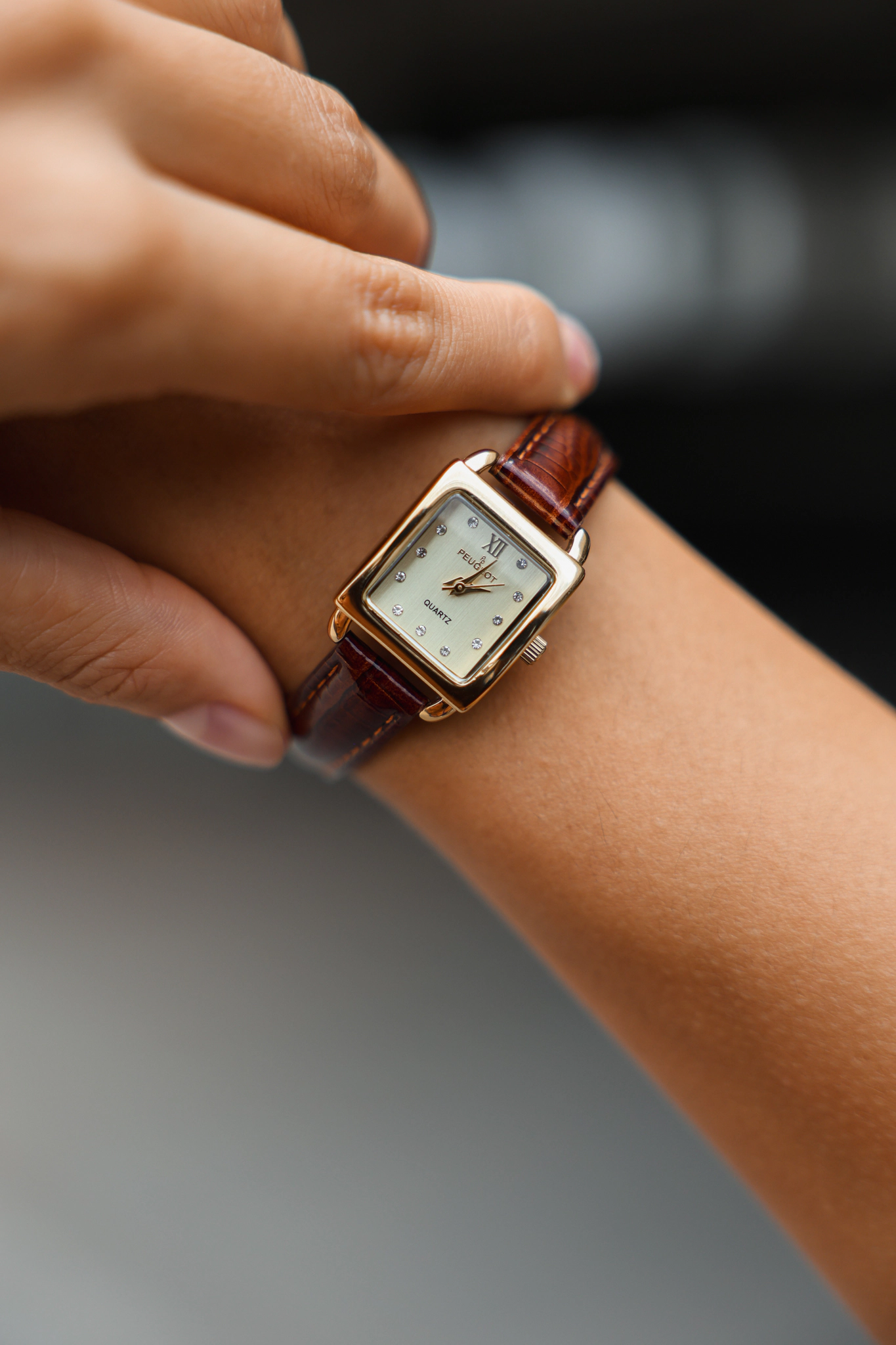 Peugeot Women's 20mm Square Watch with Glossy Brown Leather Strap