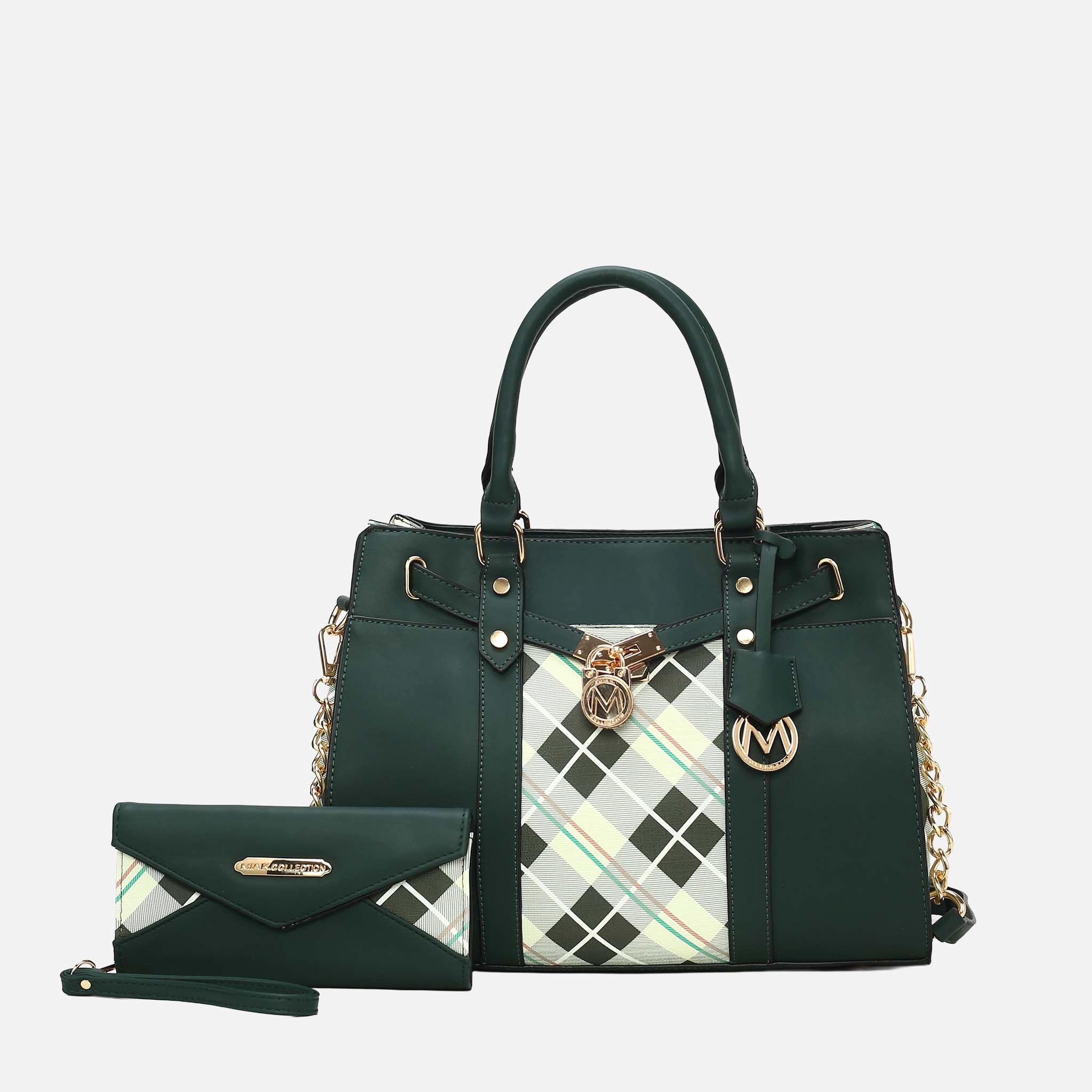 MKF Collection by Mia K Christine Plaid Vegan Leather Satchel with Wristlet Wallet, Olive