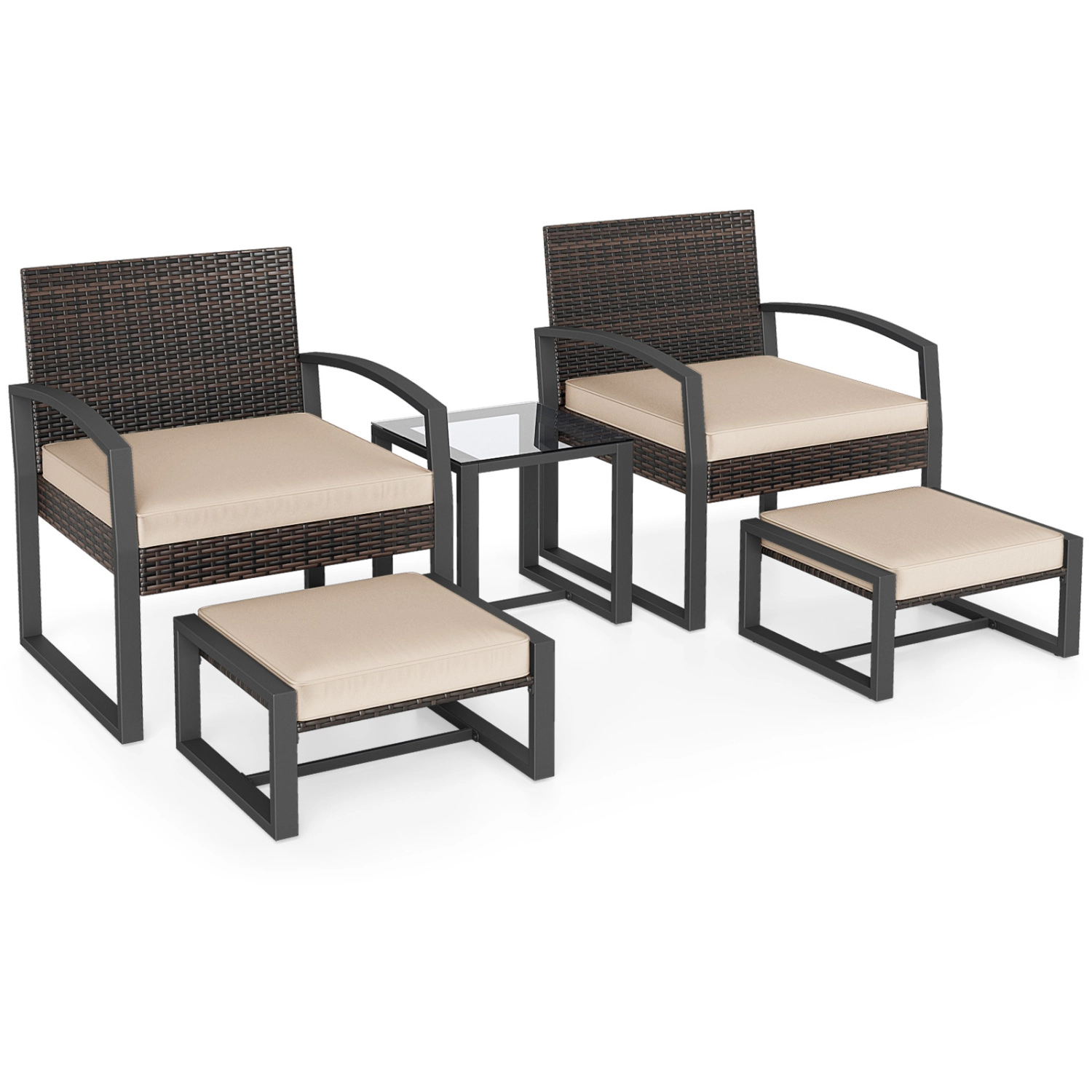 LJG 5-Piece Patio Conversation Set with 2 Ottomans and Tempered Glass Side Table