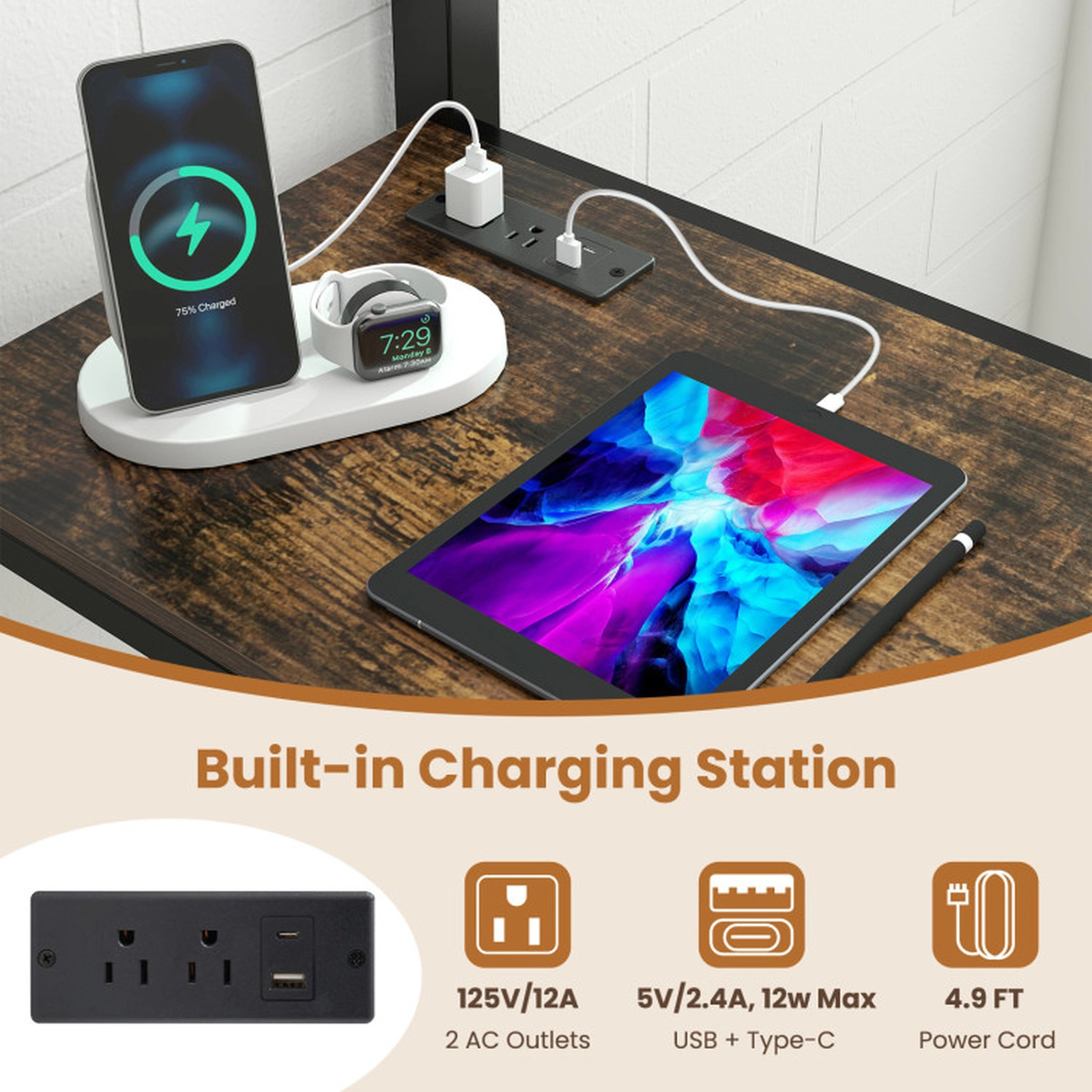 SUGIFT Black Desk LED Lights Charging Station and Metal Frame Twin Teens Loft Bed