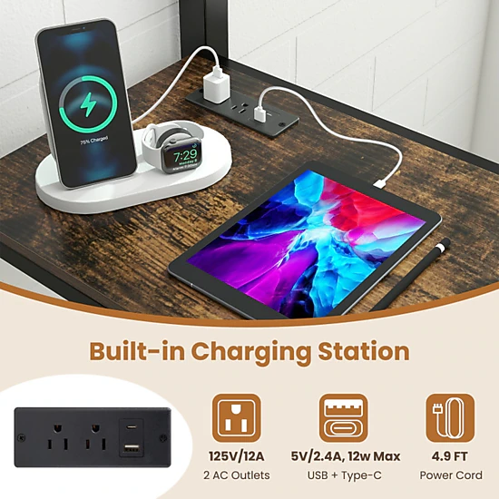 SUGIFT Black Desk LED Lights Charging Station and Metal Frame Twin Teens Loft Bed