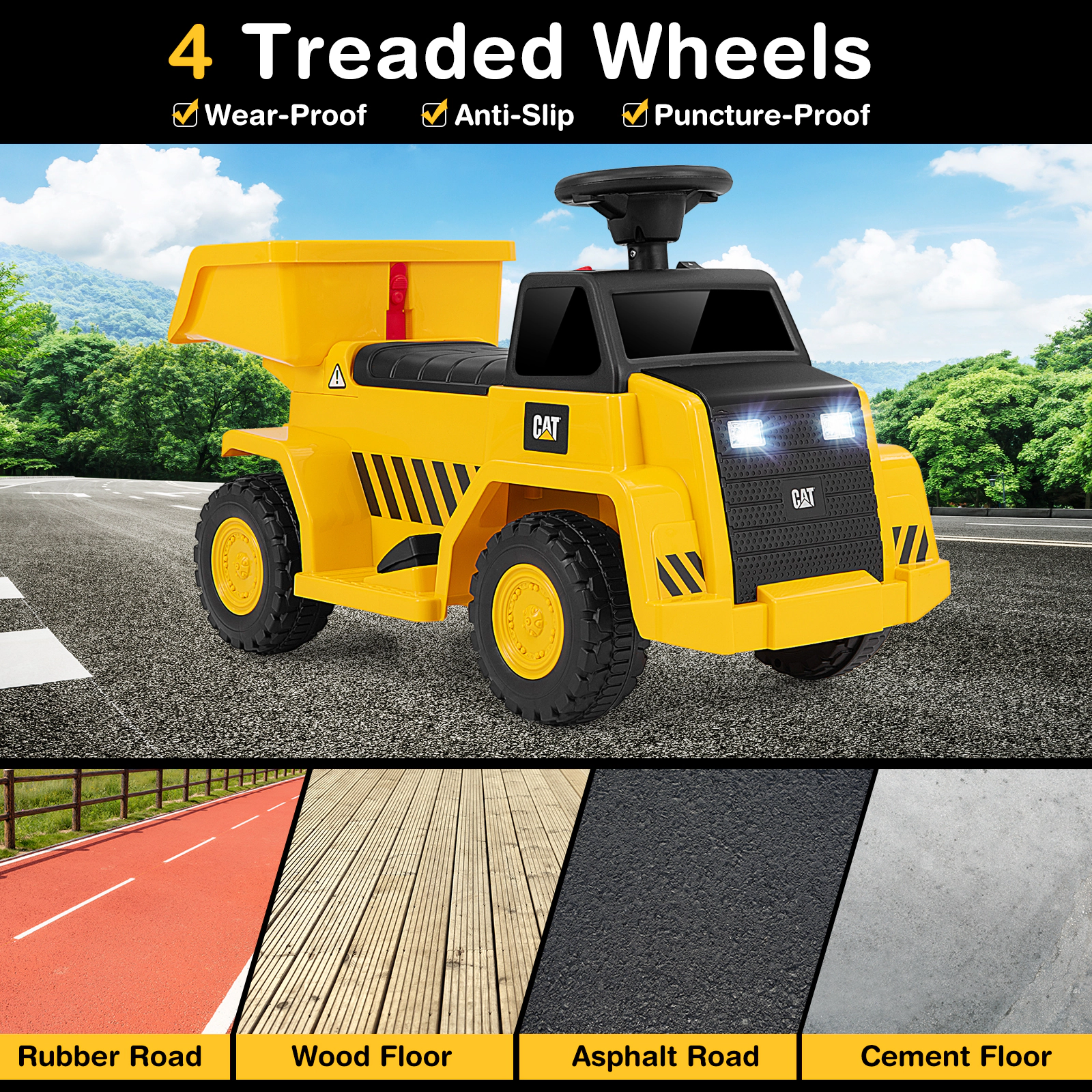 SUGIFT 6V Yellow Kids Ride-On Caterpillar Dump Truck with One Button Start and LED Lights 19-in W 17-in H