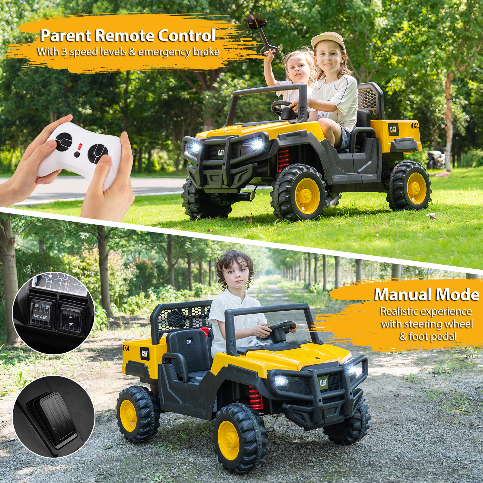 LJG 24V Ride on Dump Truck Licensed Caterpillar 2-Seater Kids Car with Remote Control