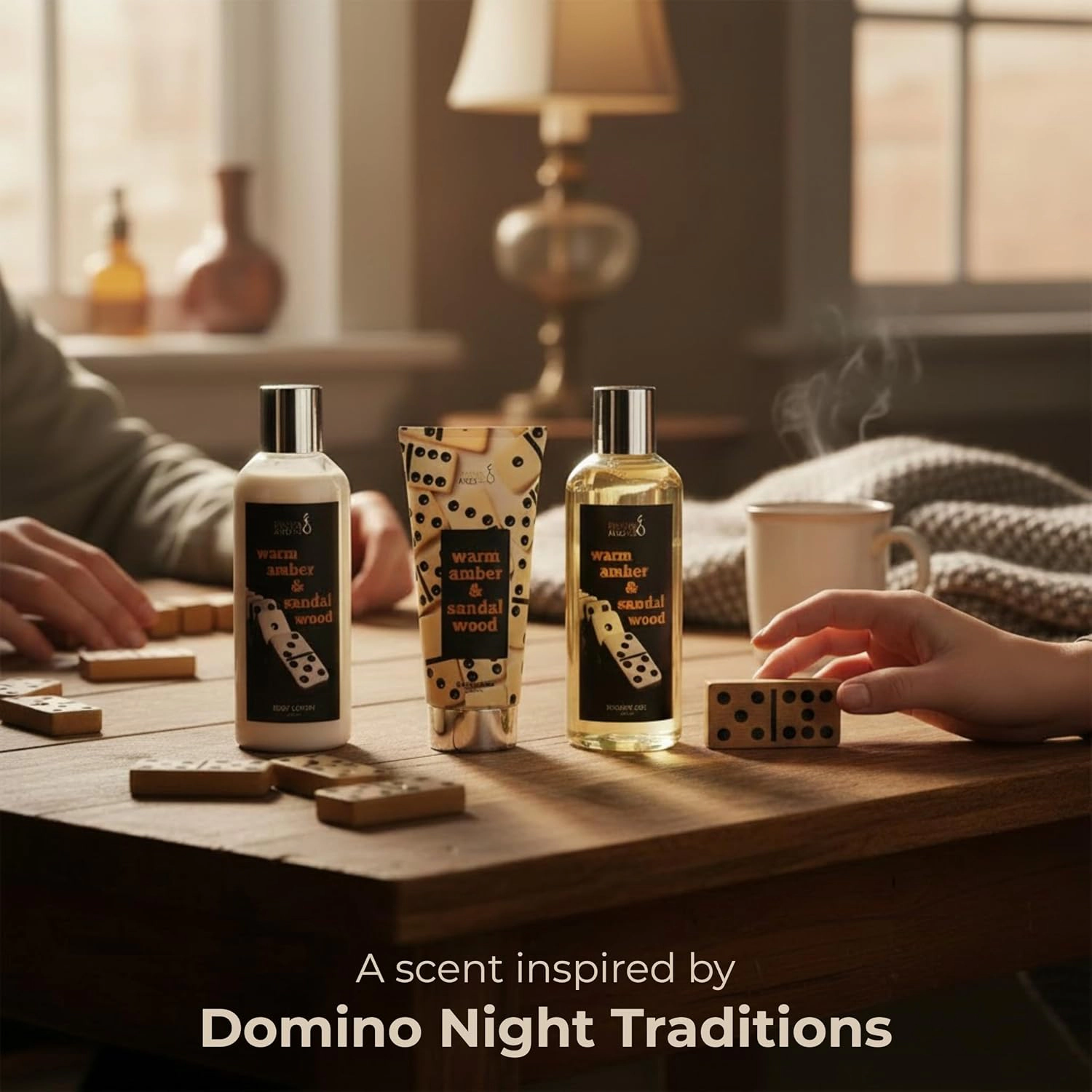 Freida and Joe Mens Warm Amber & Sandalwood Domino Nights Bath And Body Gift Set