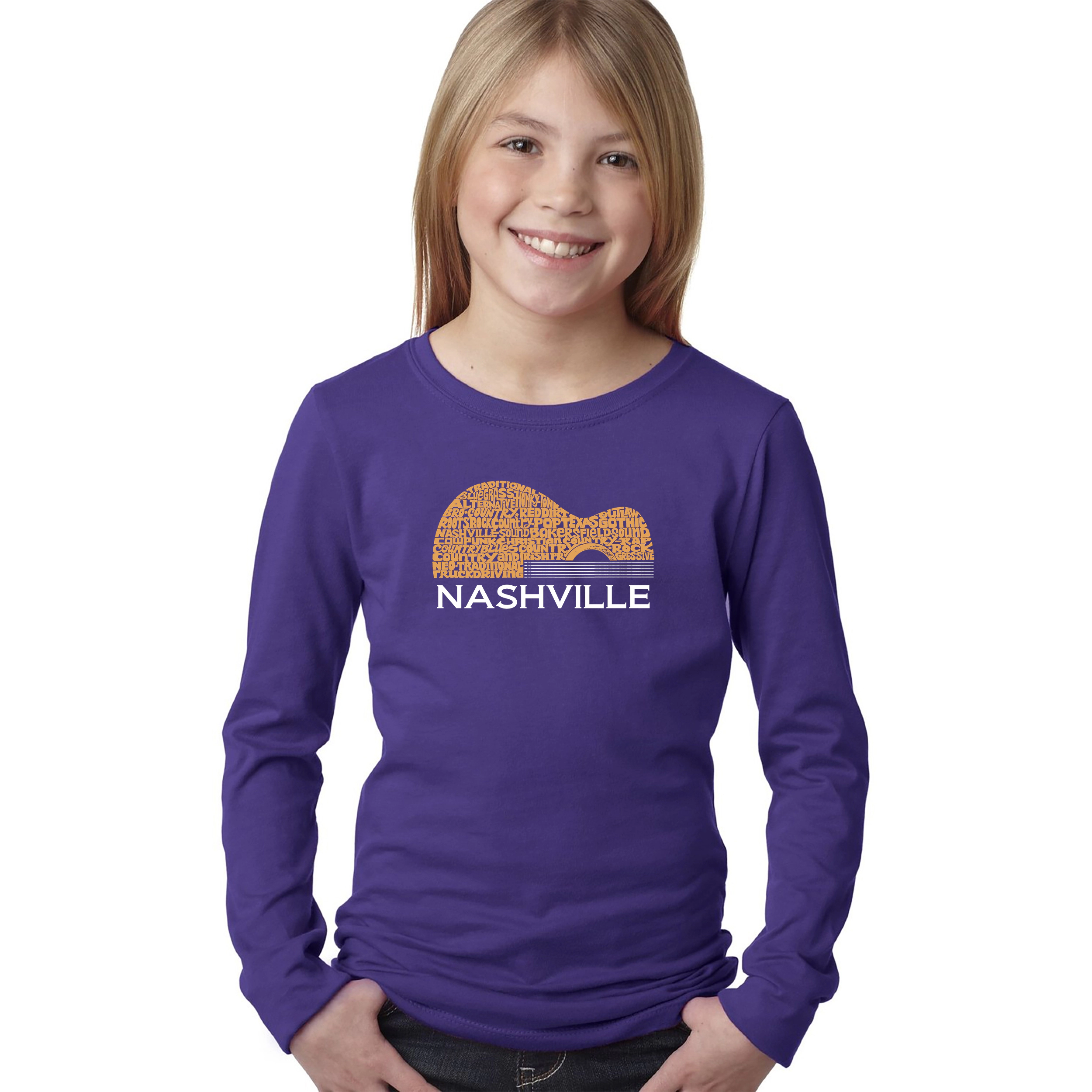 LA Pop Art Girls Long Sleeve Word T-Shirt - Nashville Guitar