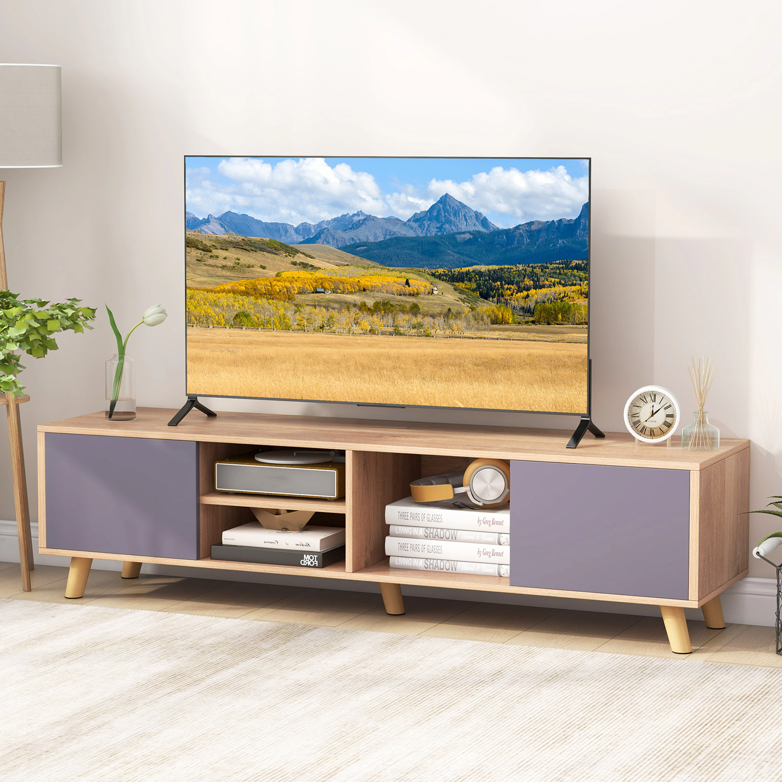 SUGIFT 56 in TV Stand Natural and Gray Cabinet for TVs up to 65 in with Open Shelf