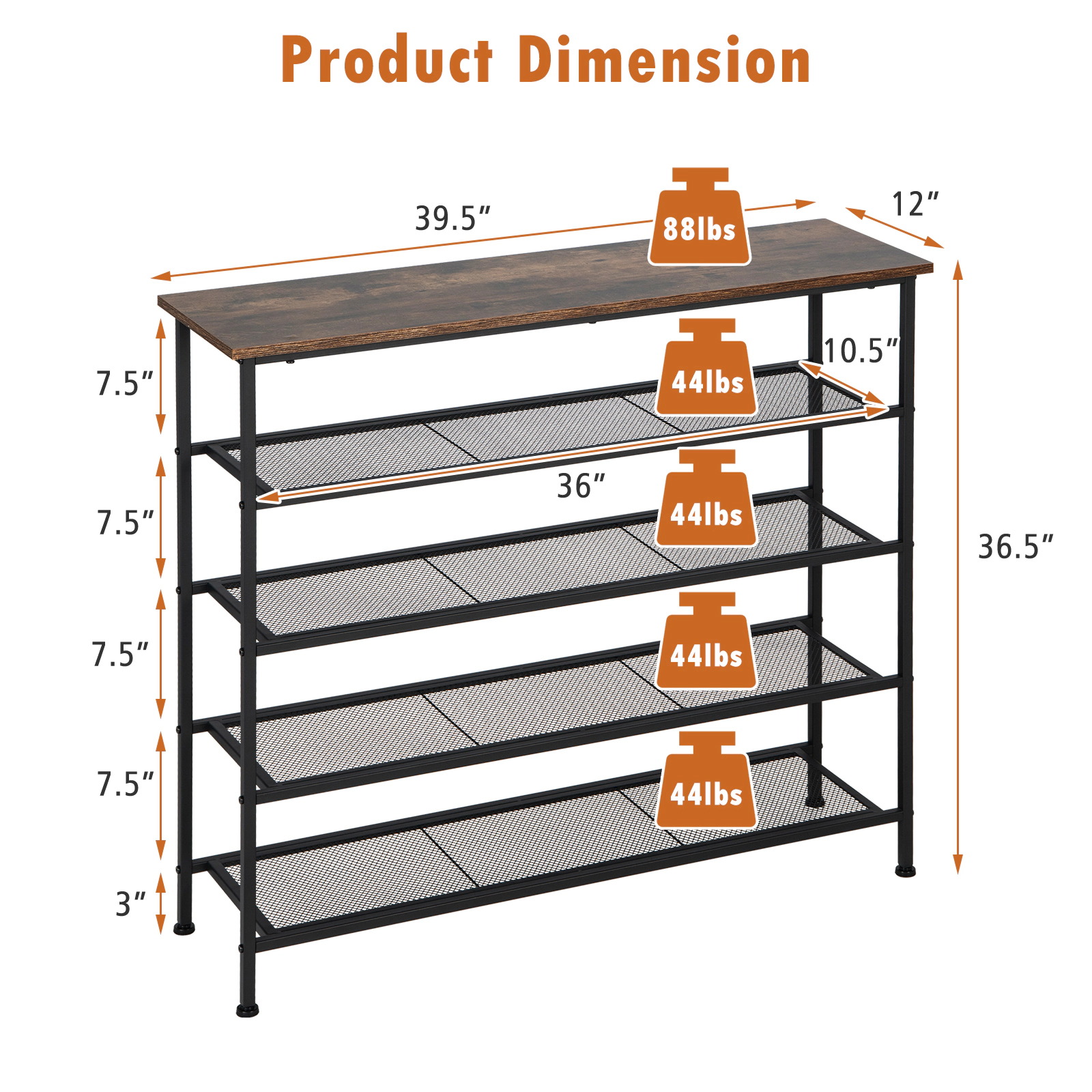 SUGIFT Rustic Brown 4 Mesh Shelves for 16-20 Pairs 5-Tier Industrial Metal Shoe Rack