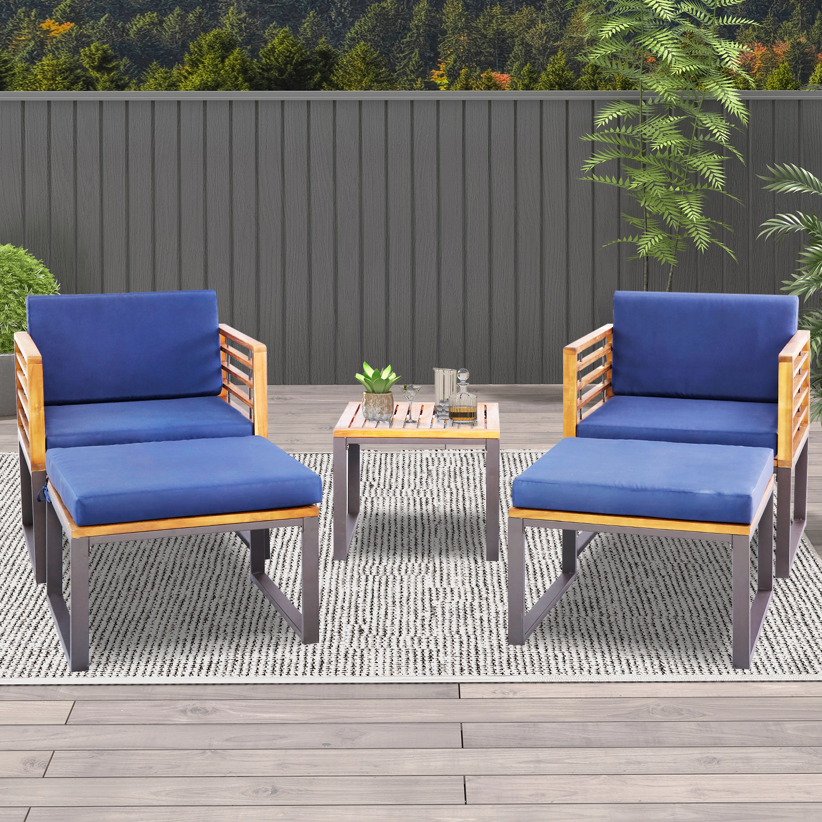 LJG 5 Piece Patio Acacia Wood Chair Set with Ottomans and Coffee Table