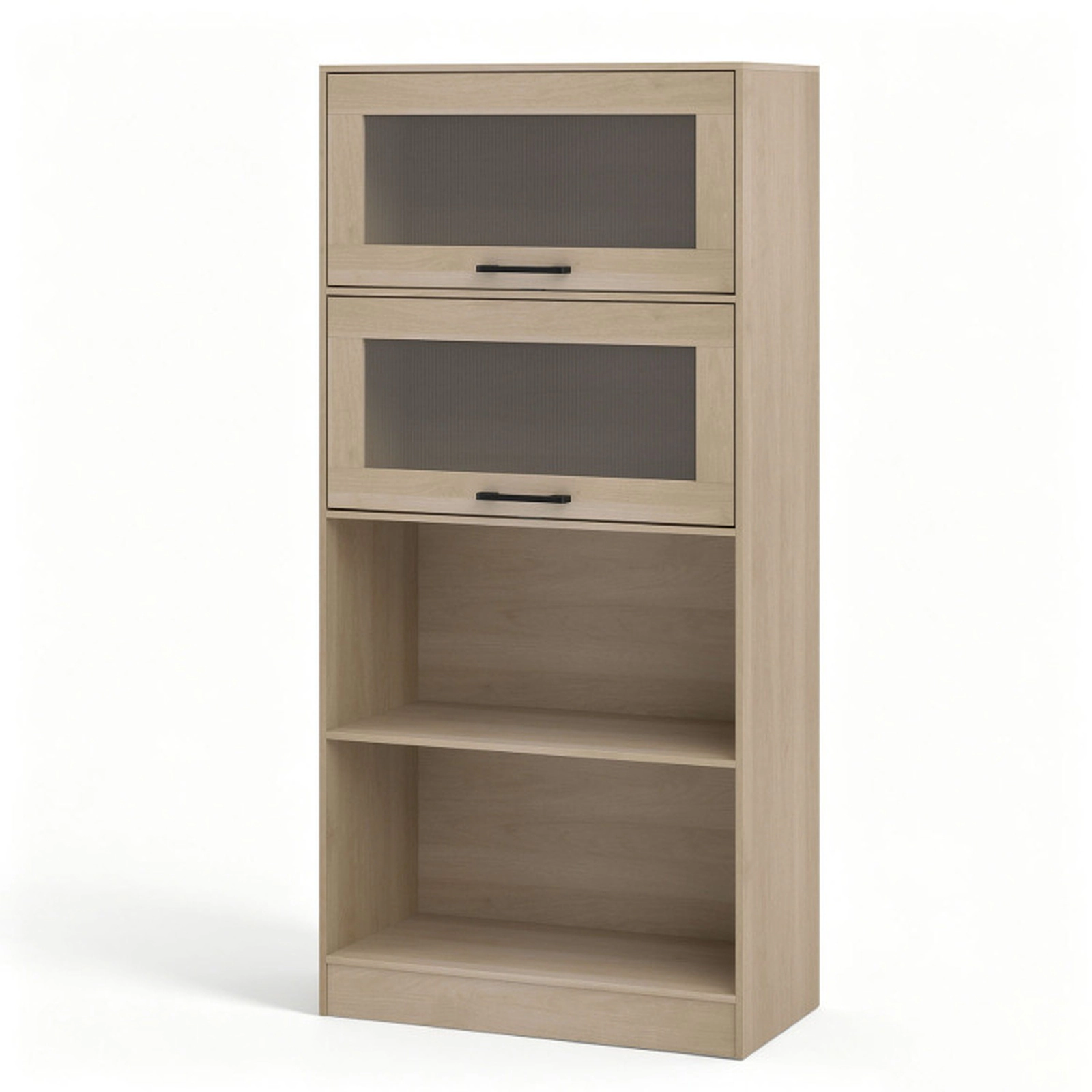 SUGIFT Natural 4-Tier Bookshelf with Transparent Flip-Up Doors and Open Compartments