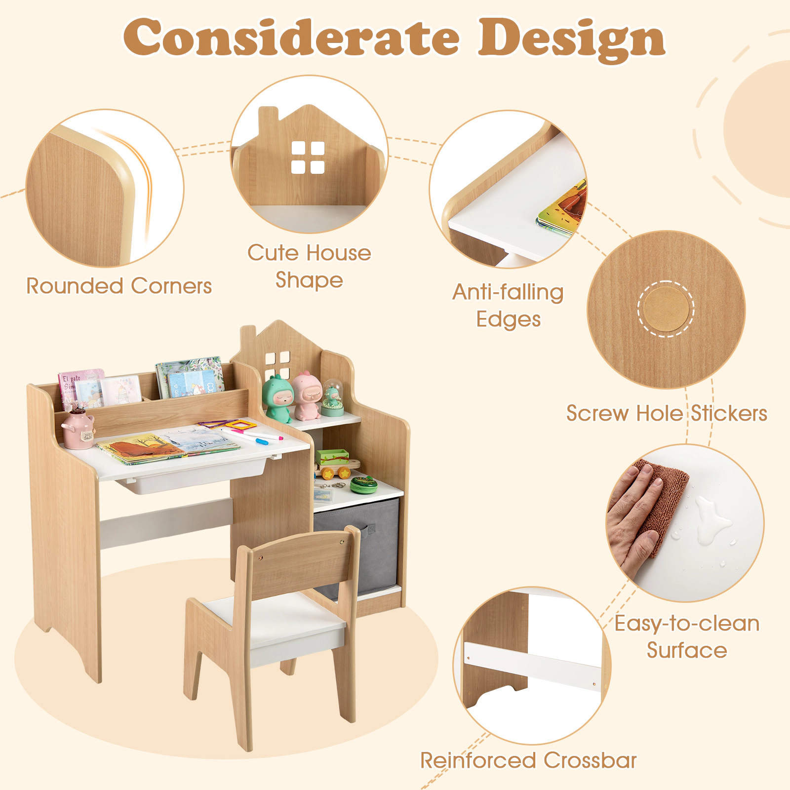 SUGIFT Kids Study Desk & Chair Set with Open Shelves Drawer & Fabric Storage Bin 44-lb Desktop Capacity Ages 3+ White