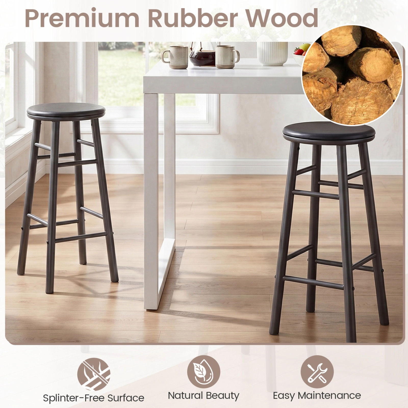 SUGIFT Swivel Bar Stools with 360° Swivel Seat Footrests and Crossbars 330-lb Capacity Natural Gray Walnut