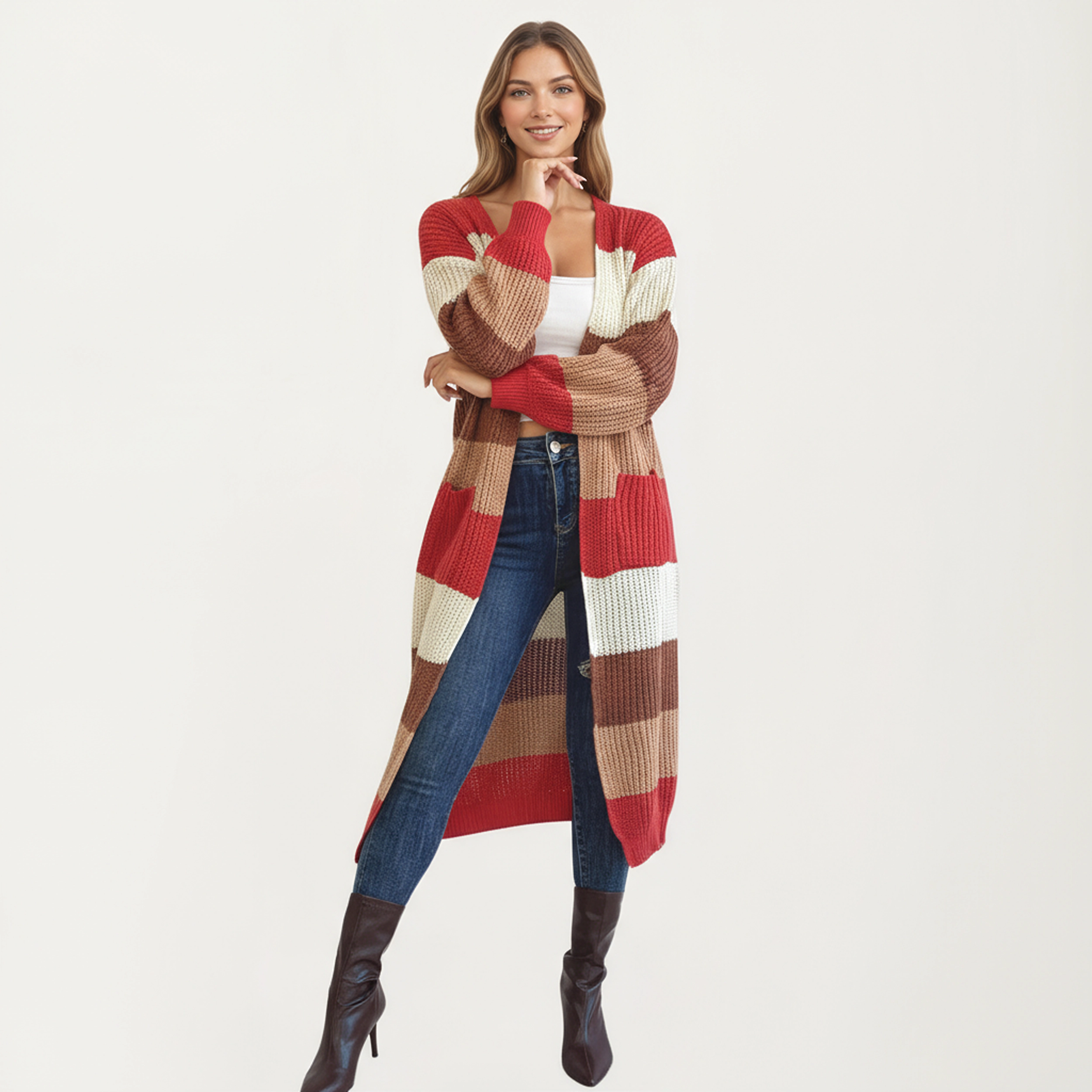 Anna-Kaci Women's Long Sleeve Open Front Knit Cardigan with Bold Color Block Stripes Design
