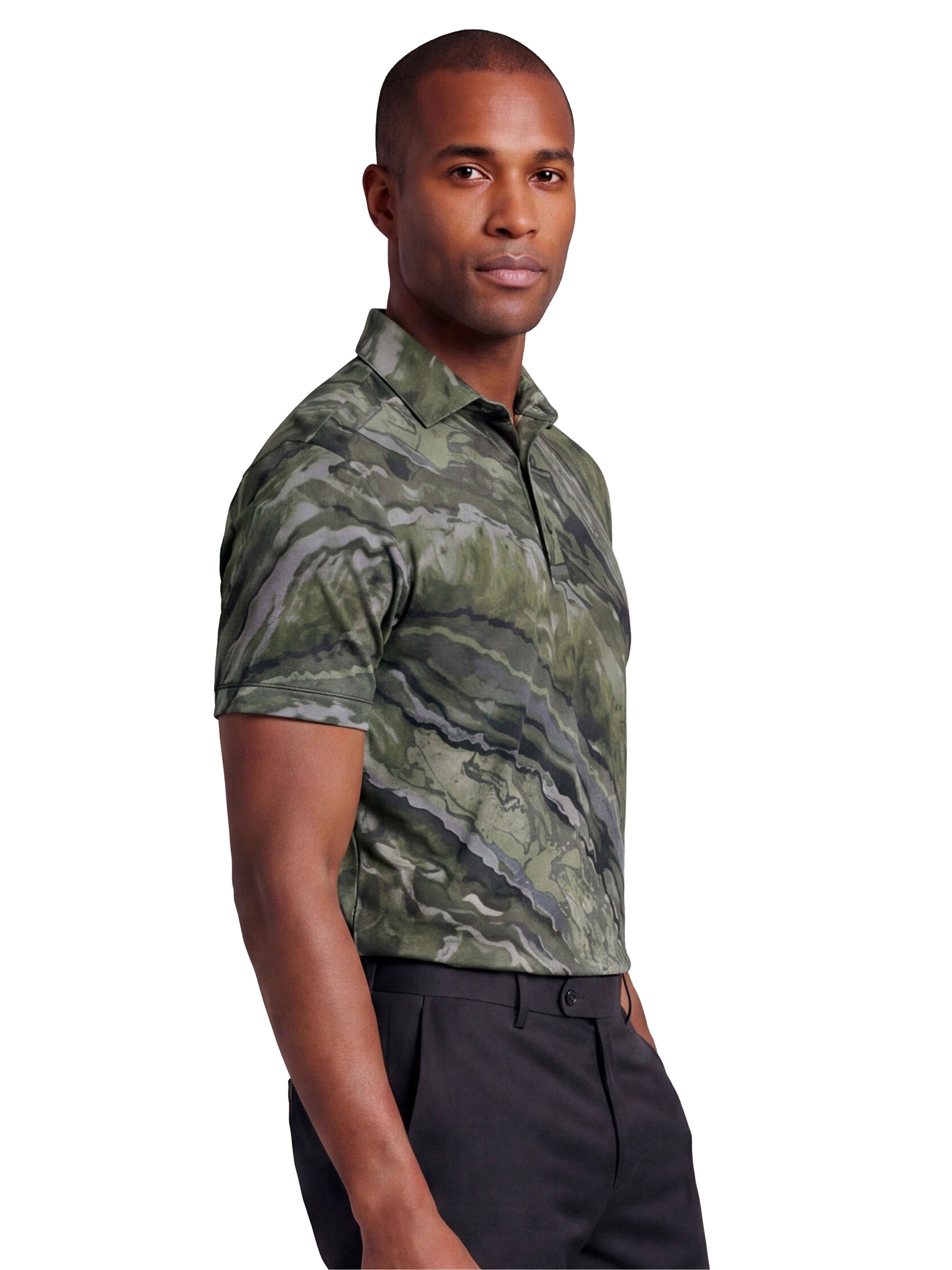 24sevenMen Wrinkle Resistant 3 Button Machine Washable Green Marble Polo Shirt