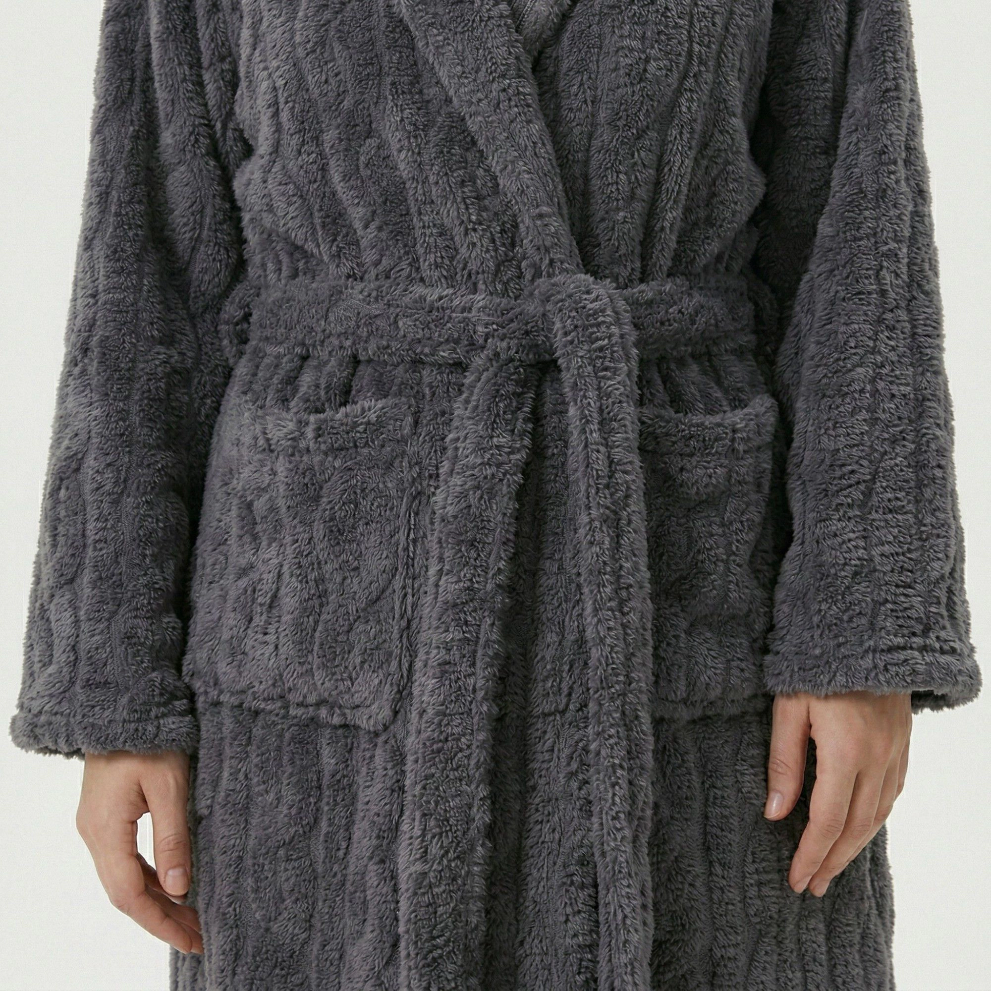 Anna-Kaci Women's Plush Hooded Bathrobe Textured Cable Pattern Long Wrap Design Adjustable Waist Tie and Front Pockets