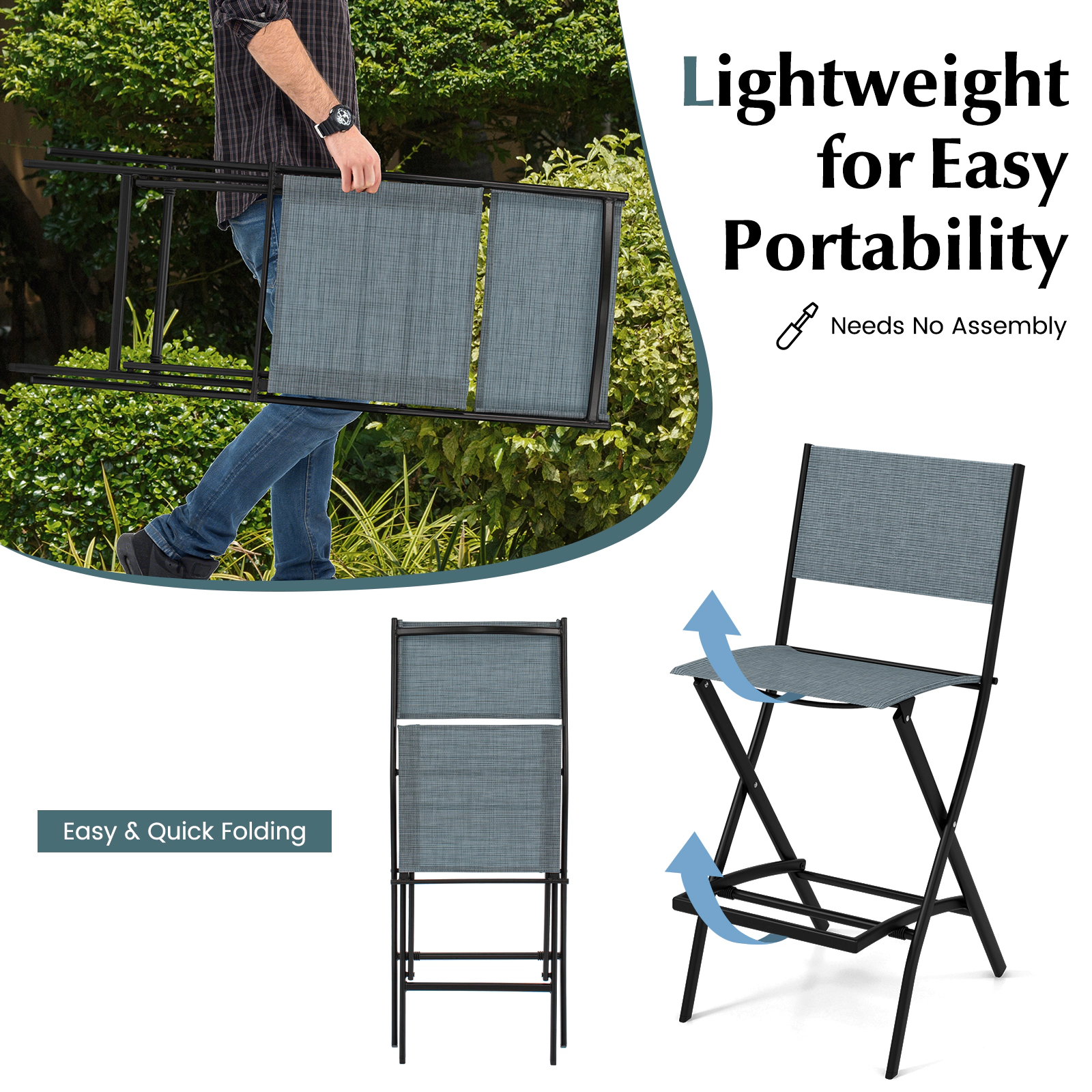 SUGIFT Folding Fabric Bar Stool Set of 2 with Backrest and Footrest for Home Bar Sets 330-lb Capacity 28-in Seat Height