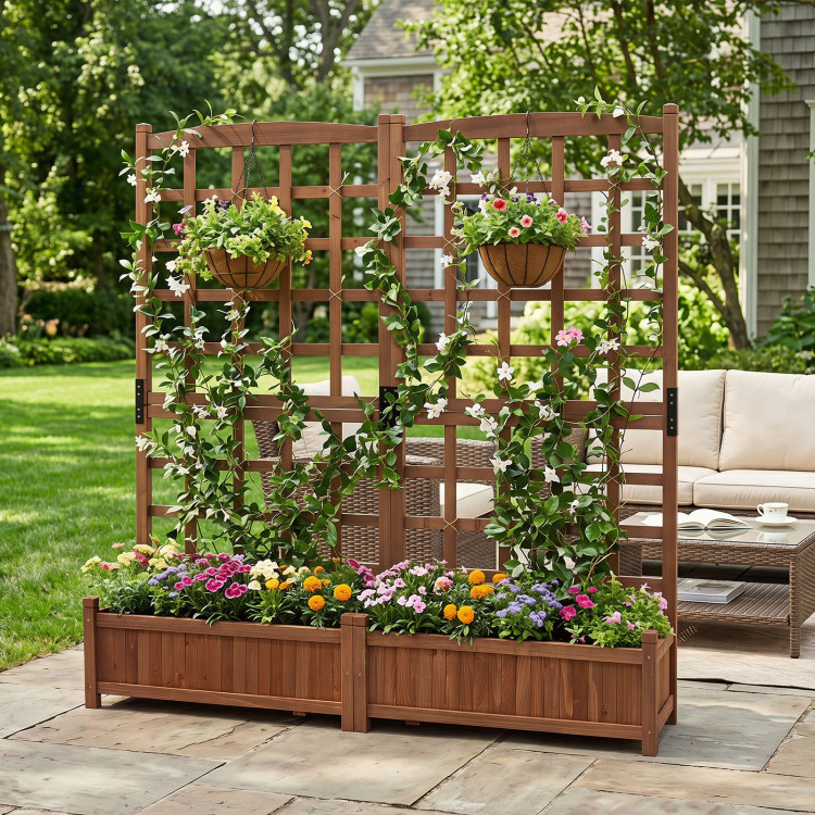 Hivvago Outdoor Dual Wooden Raised Garden Bed with Trellis and Drainage Holes