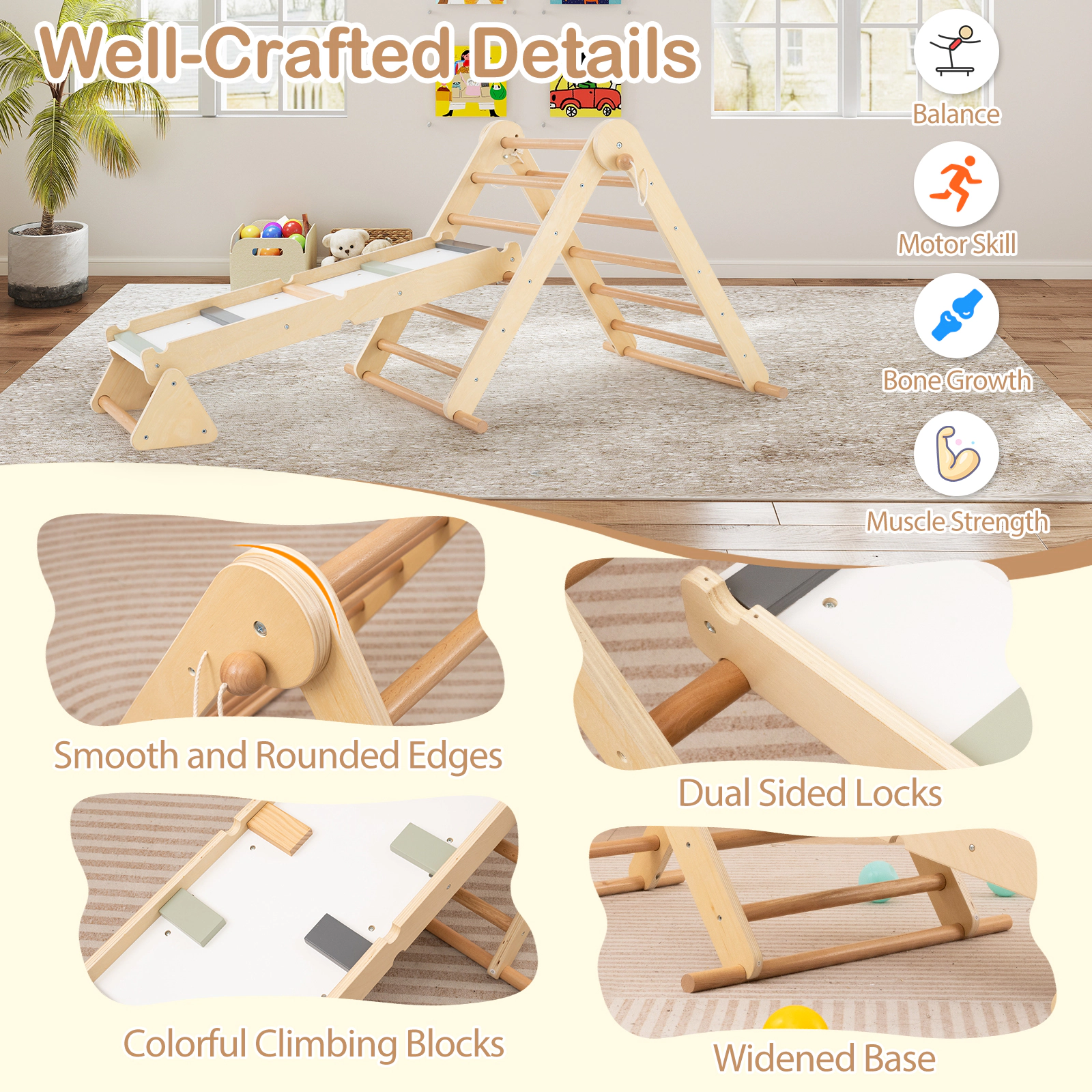 SUGIFT Natural Ramp 3-in-1 Kids Pikler Triangle Climbing Set Foldable Montessori Toy