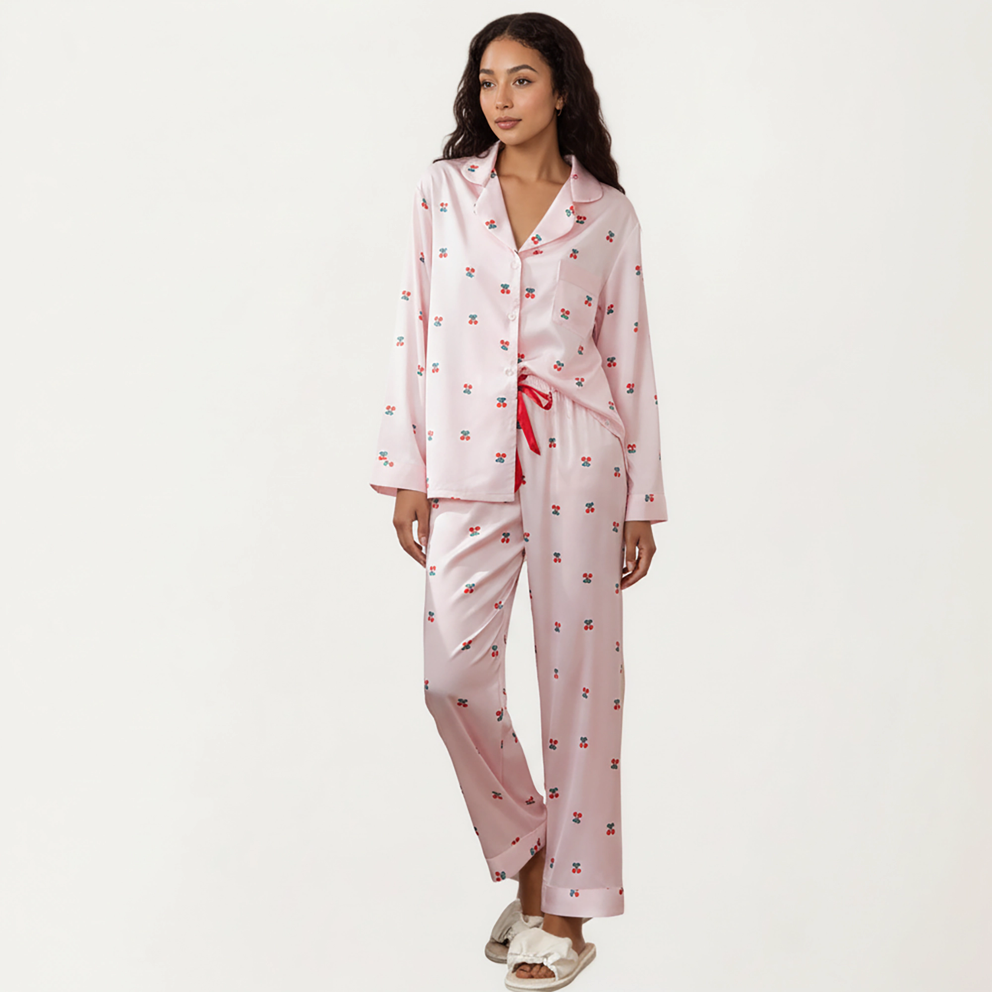 Anna-Kaci Women's Satin Long Sleeve Pajama Set with Mini Bow Print Button Up Top and Chest Pocket