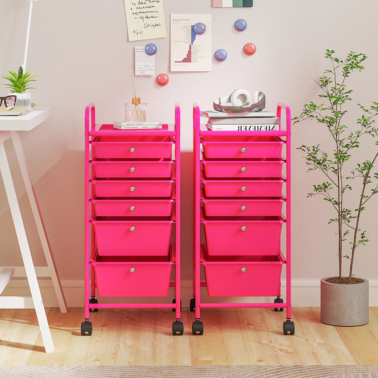 SUGIFT Multifunctional 6-Drawer Rolling Storage Cart Organizer 30-in Tall Rose Red