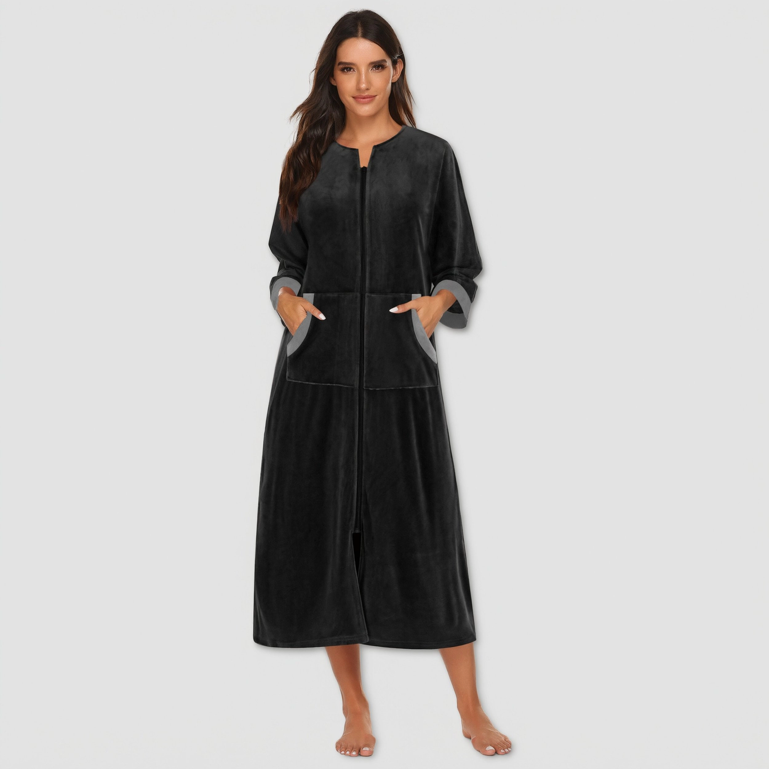 Ekouaer Robe Velour Zipper Three Quarter Sleeves Housecoat Full Length Long Bathrobe