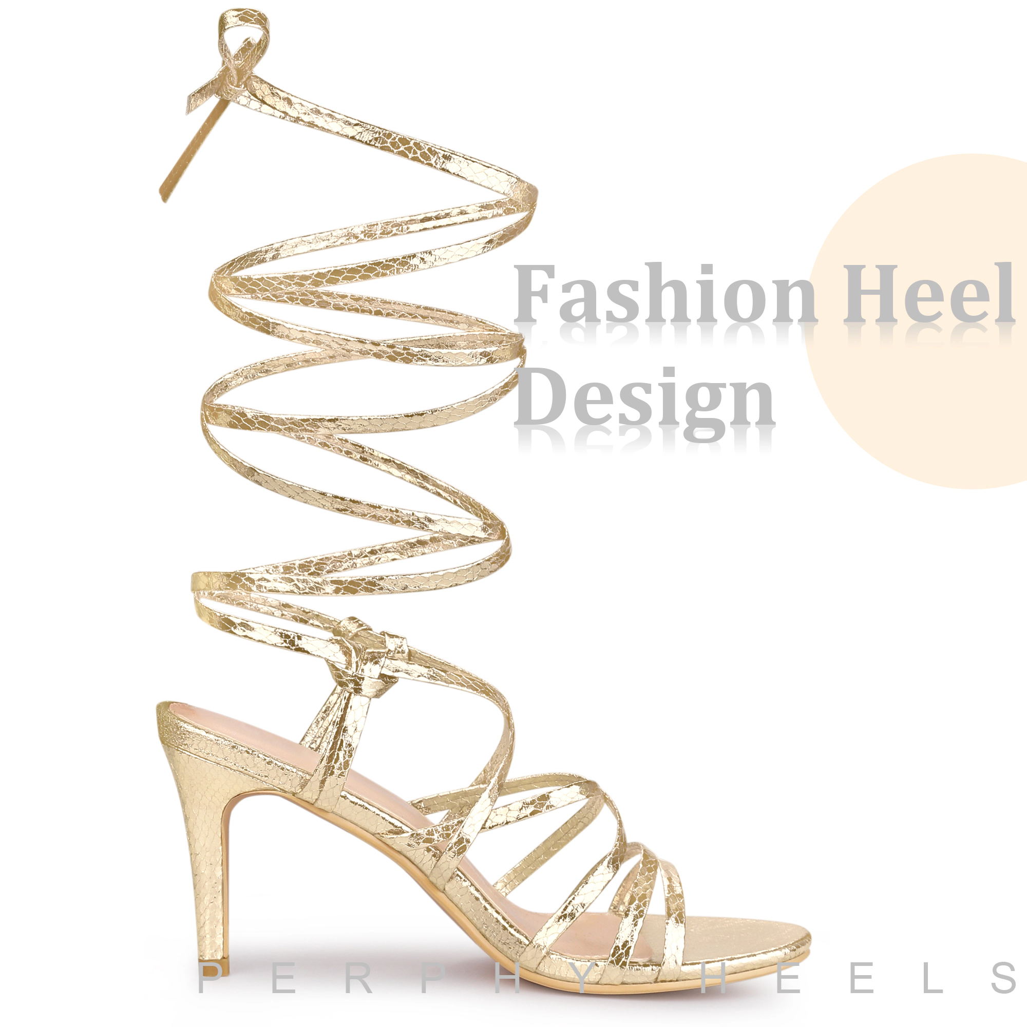 BLISSFUL STEP Women's Snakeskin Print Strappy Lace Up Heeled Gladiator Sandals
