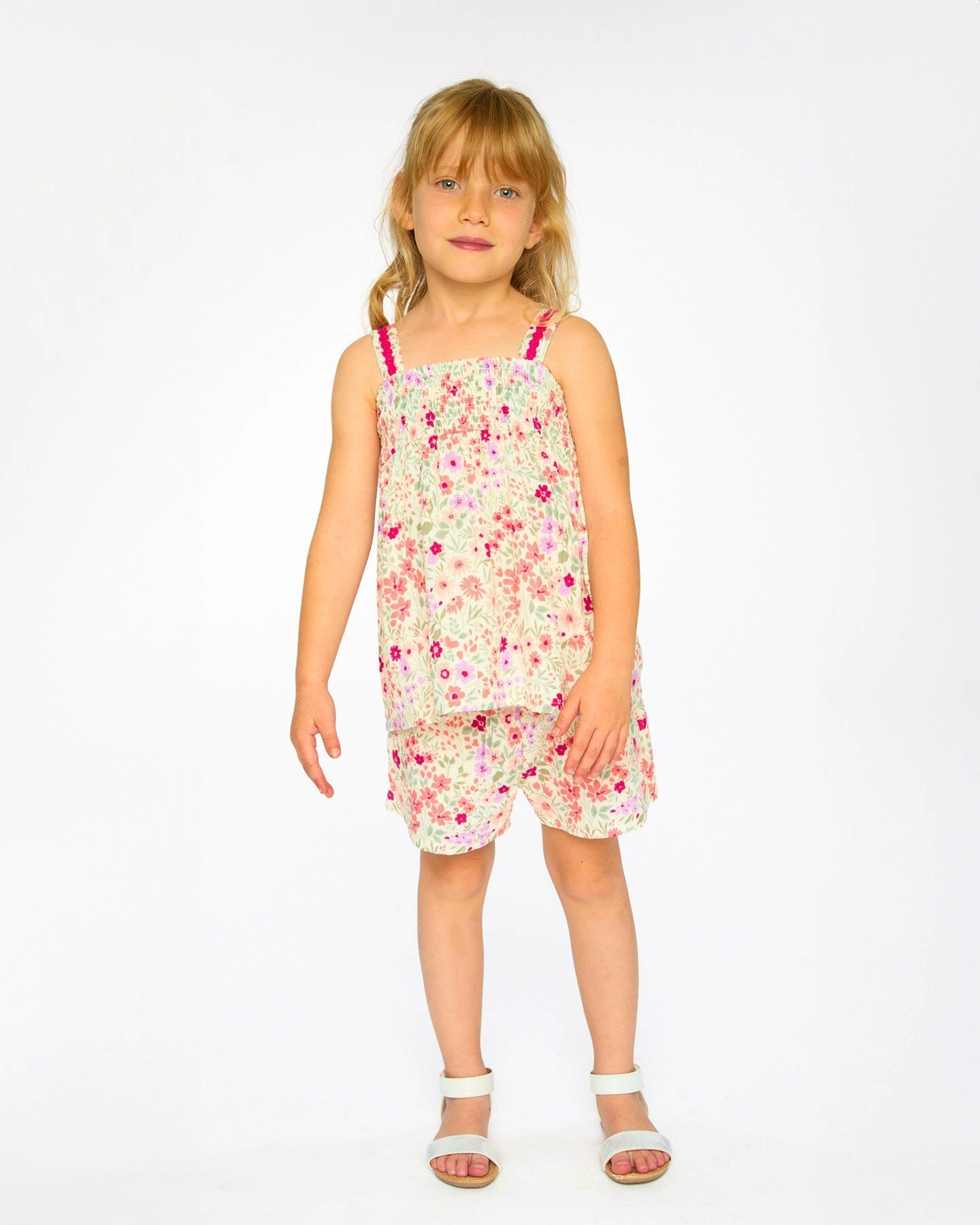 Deux par Deux Girls Tank Top with Smocking and Shorts Set In Muslin Printed Flowers