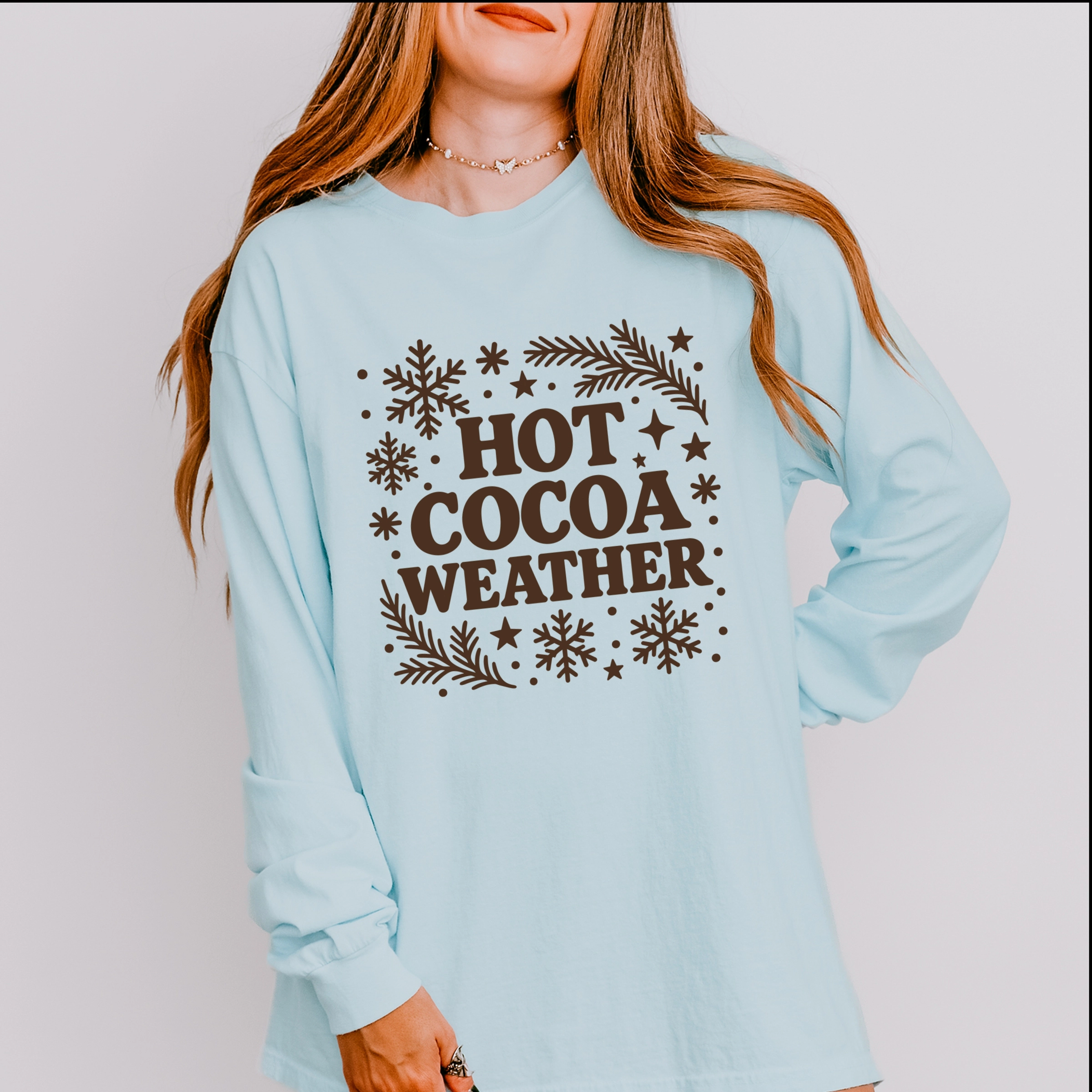 Simply Sage Market - Women's Garment Dyed Long Sleeve Graphic T-Shirt Hot Cocoa Weather Snowflakes