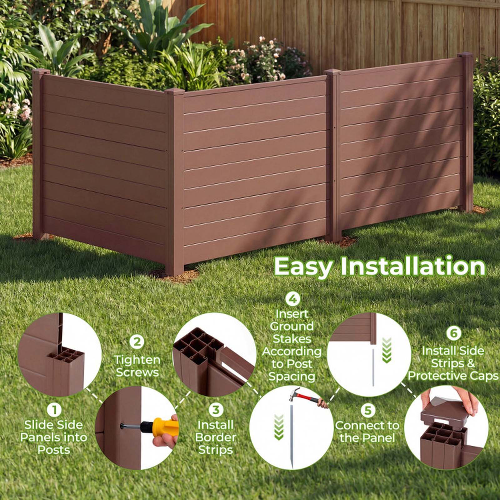 SUGIFT 3-Panel 48 x 38 in Garden Trellis Air Conditioner Fence with Metal Ground Stakes for Patio and Backyard Brown