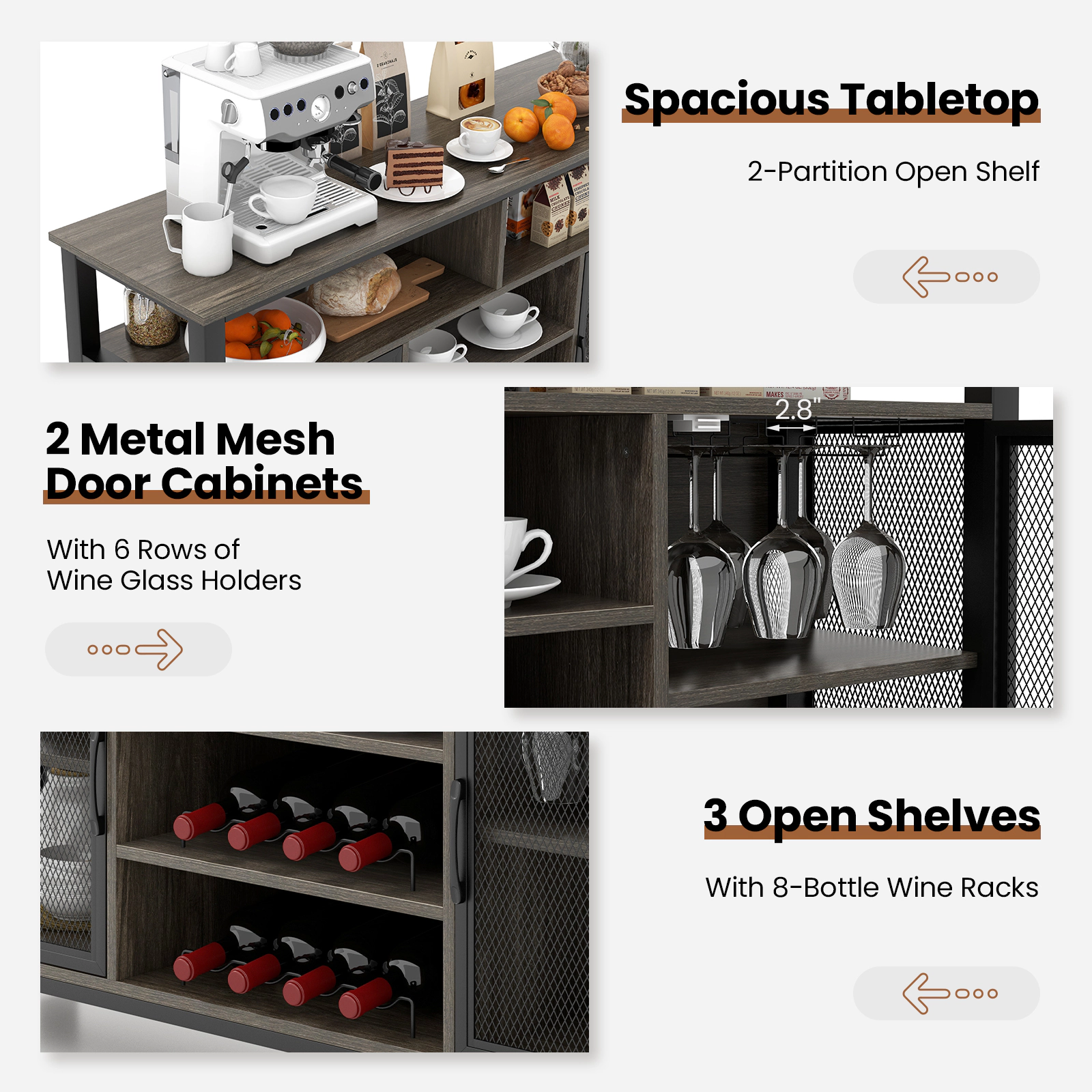 Glintex 55-Inch Buffet Sideboard with 8-Bottle Wine Rack and Mesh Doors