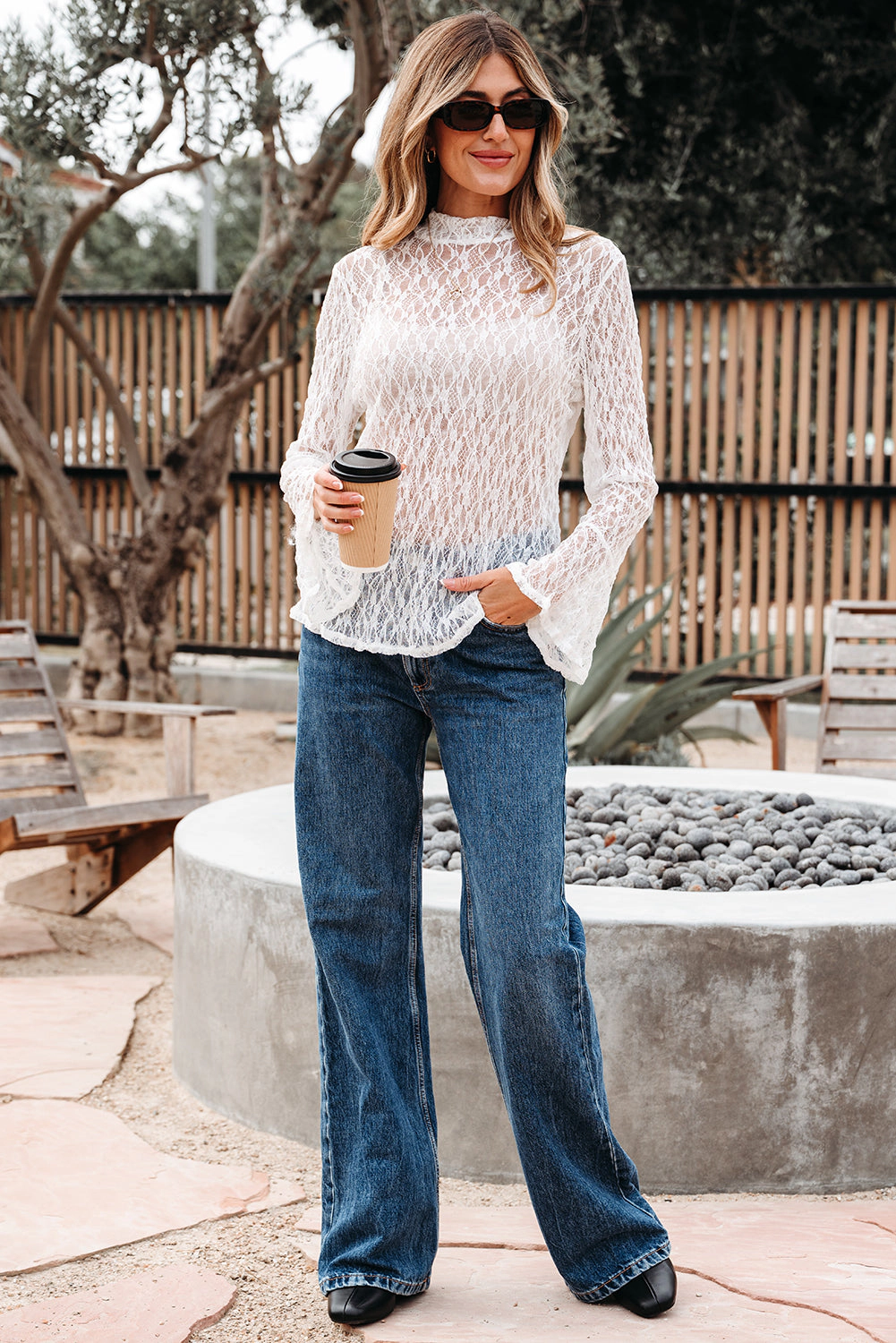 Threaded Pear Women's Laurel Bell Sleeve Mock Blouse