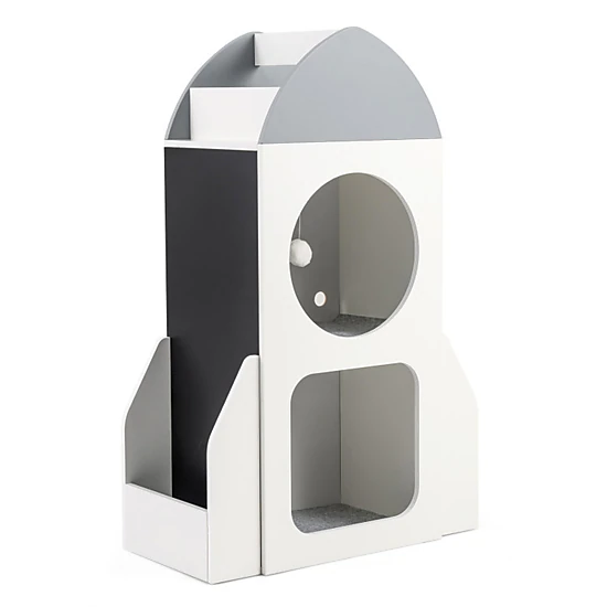 SUGIFT Rocket-Shape 3-Tier Kids Bookshelf Toy Organizer with Chalkboard 33-lb Top Capacity 3+ Years White + Gray