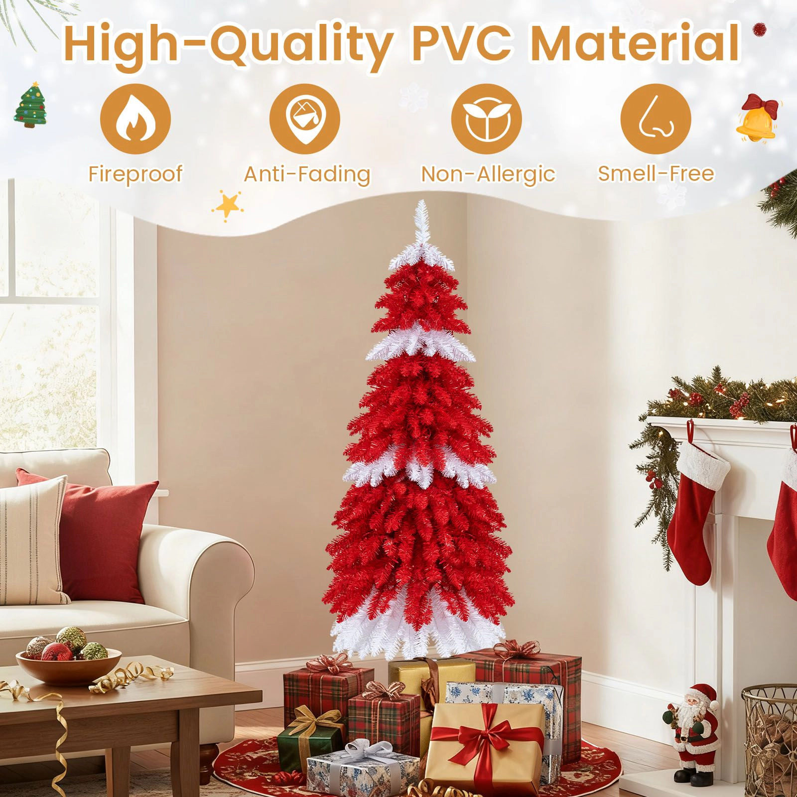 SlickBlue Red PVC Holiday Tree with Hinged 3-Section Design