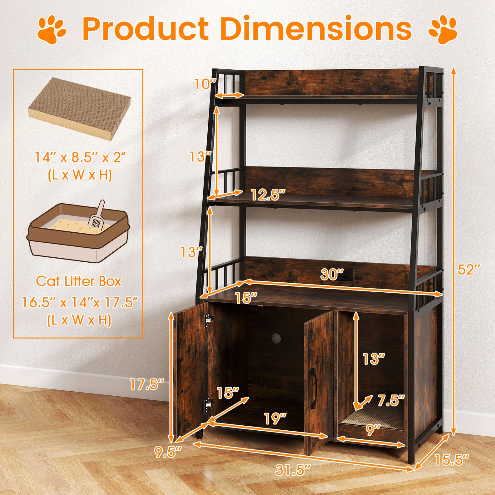 SUGIFT Rustic Brown Cat Litter Box Enclosure with 2 Storage Shelves and Scratching Pad 31.5-in W 15.5-in D 52-in H