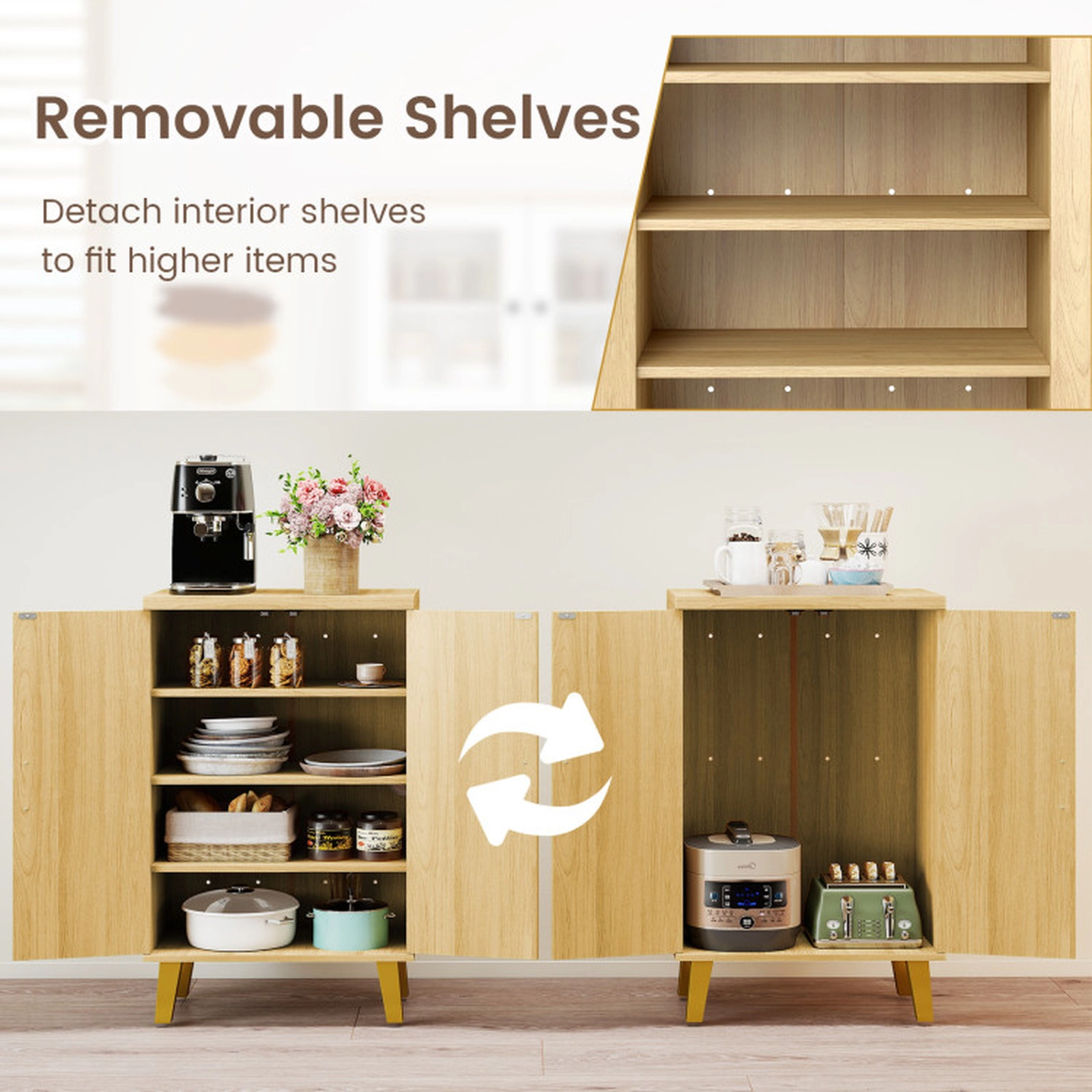 SUGIFT 23.5-in 45-lb Shelf 37.5-in Tall Natural Buffet Cabinet with Double Doors Removable Shelves and Raised Legs