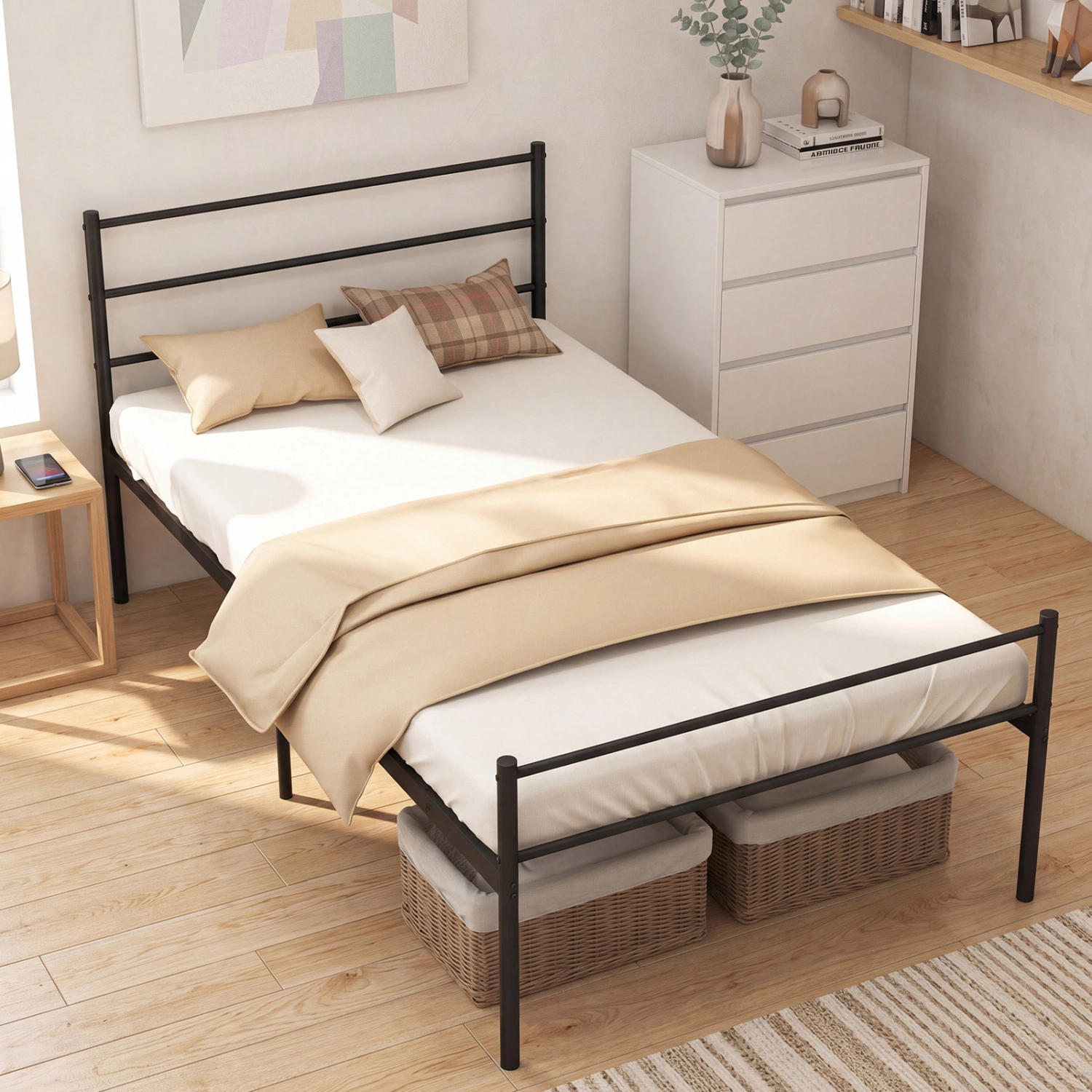LJG Twin Size Metal Bed Frame Platform with Headboard-Black