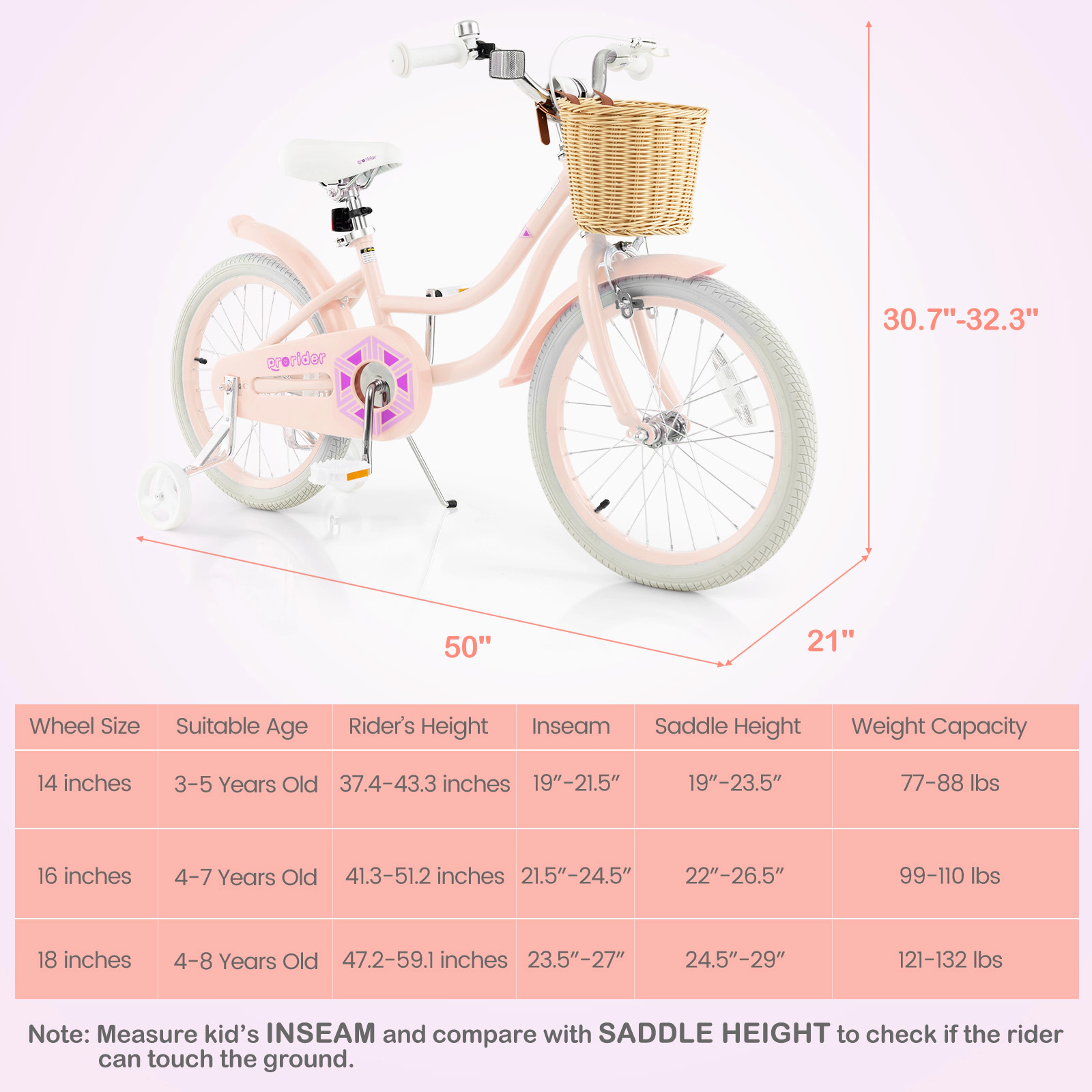 18-in Kids Bike for Girls Training Wheels Front Basket Saddle Adjustable to 29-in Carbon Steel Bicycle Ages 4-8 Pink