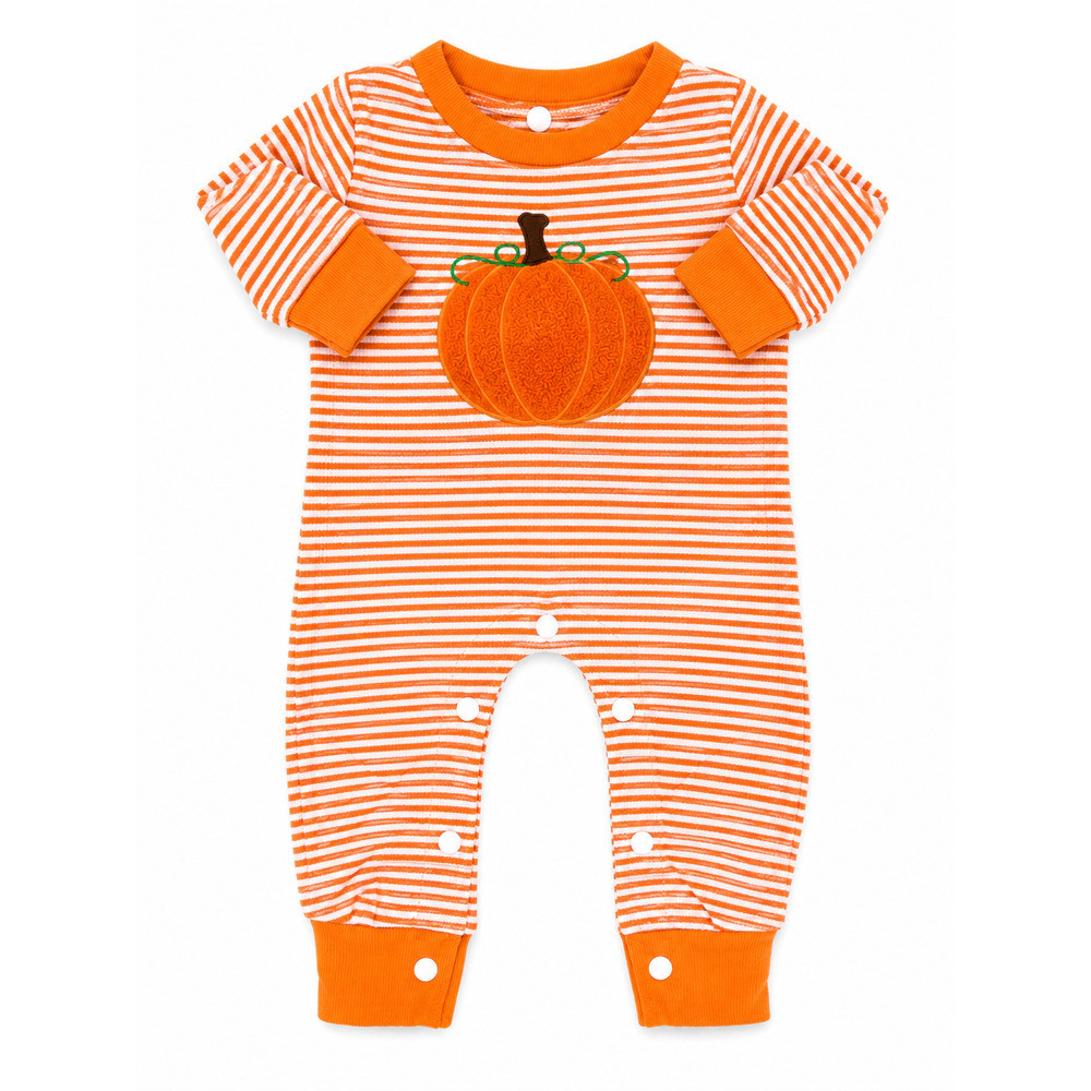 Laurenza's Striped Baby Romper with Textured Pumpkin Embroidery