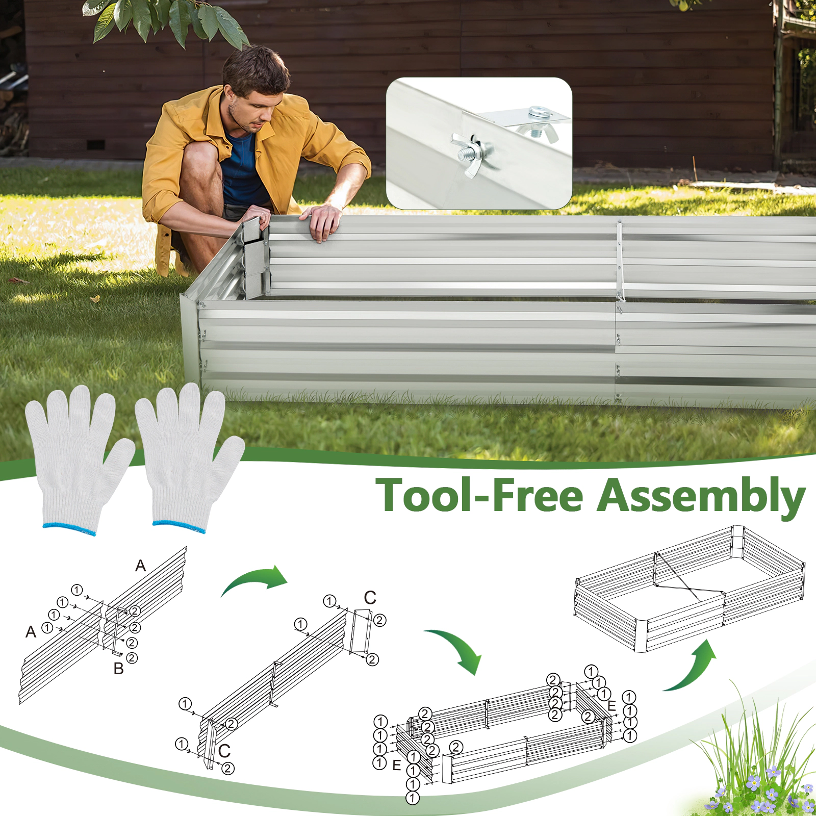 SUGIFT Raised Garden Bed with Open-Ended Base 8 x 4ft Silver Metal Galvanized Planter