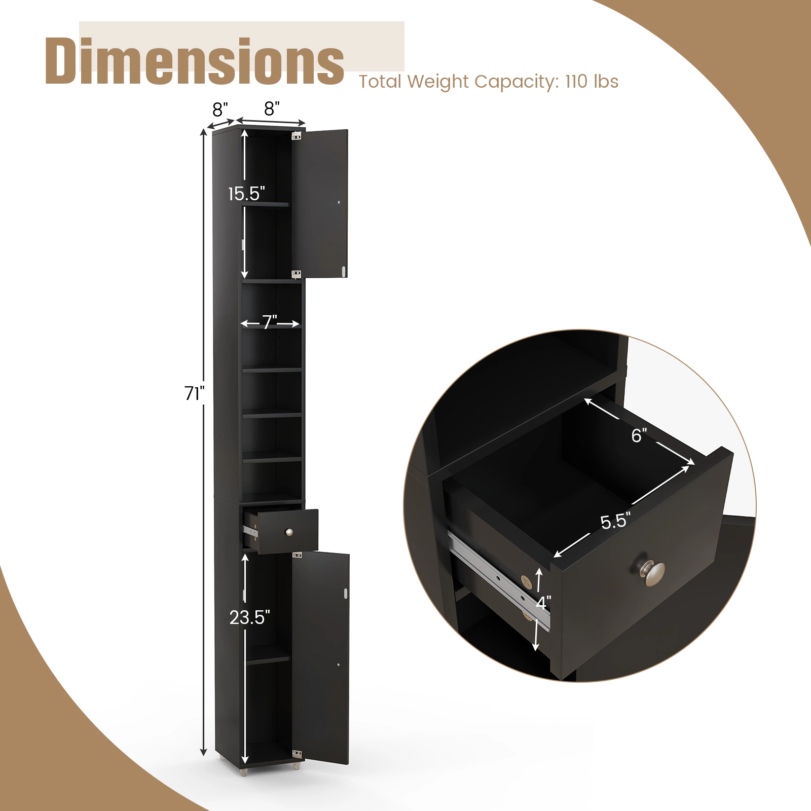 Glintex 71-Inch Slim Bathroom Tower with 5 Adjustable Shelves and 1 Drawer