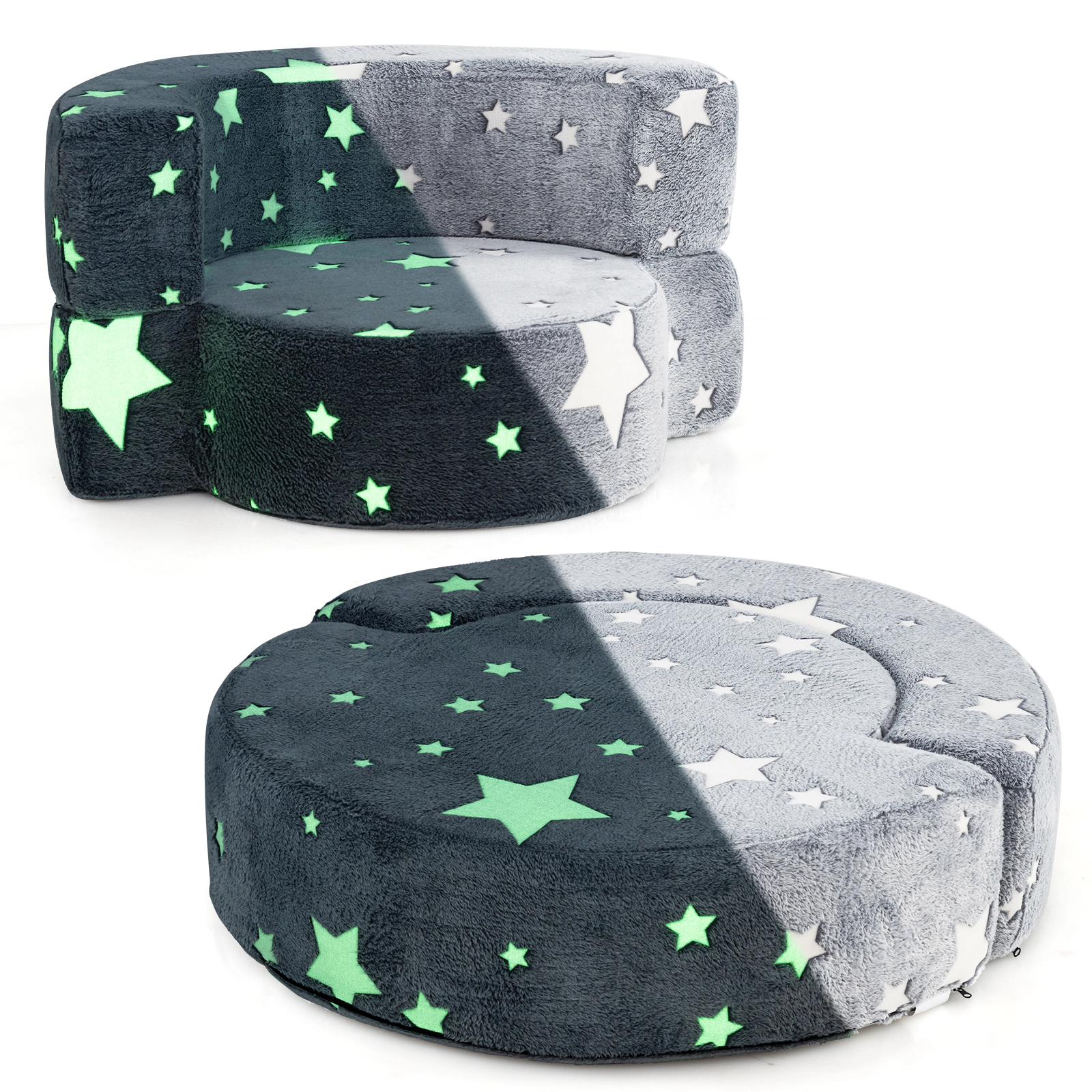 SUGIFT 2-in-1 Convertible Kids Sofa Gray Glow in the Dark with Washable Cover