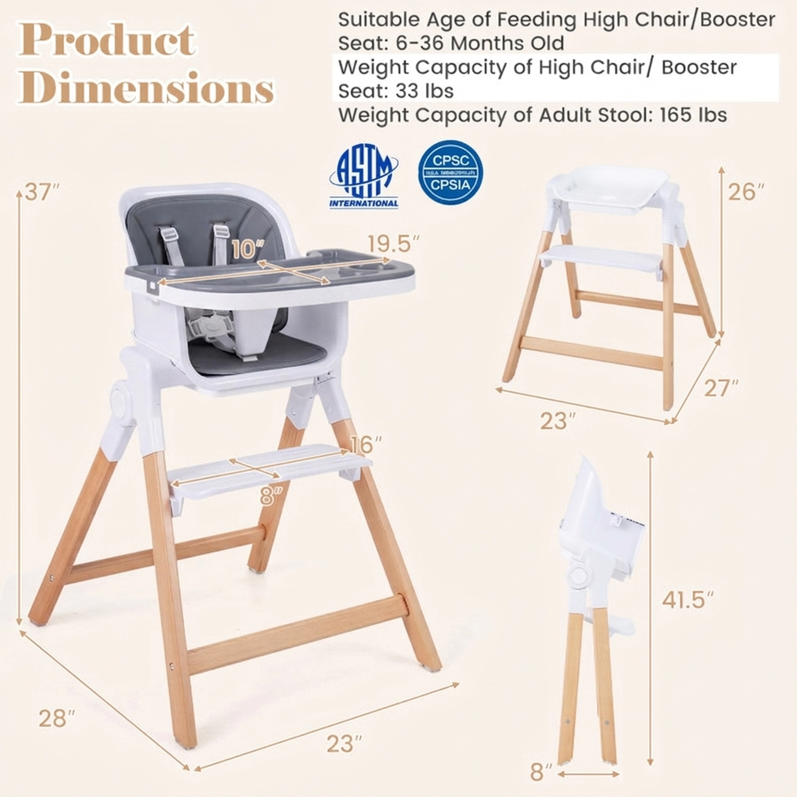 SUGIFT Gray Detachable Double Tray and Adult Stool 4-in-1 Convertible Baby High Chair
