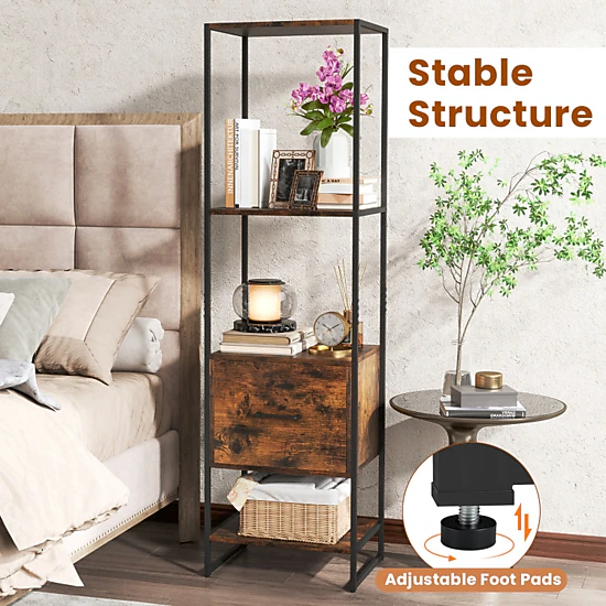 Hivvago Slim Freestanding Bookcase with Open Storage and Convenient Drawer
