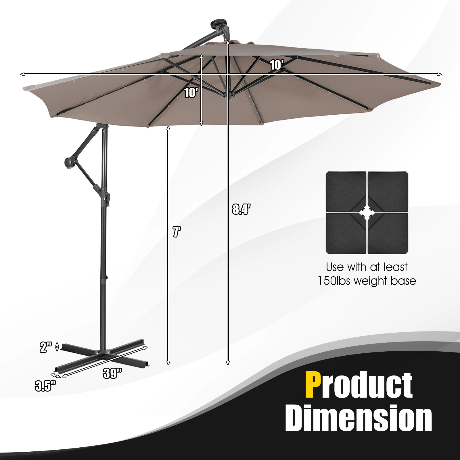 SUGIFT 10-ft Coffee Square Cantilever Patio Umbrella with 32 Solar LED Lights