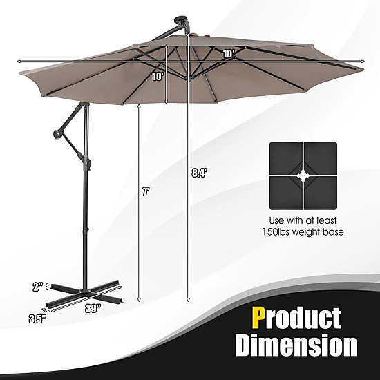 SUGIFT 10-ft Coffee Square Cantilever Patio Umbrella with 32 Solar LED Lights
