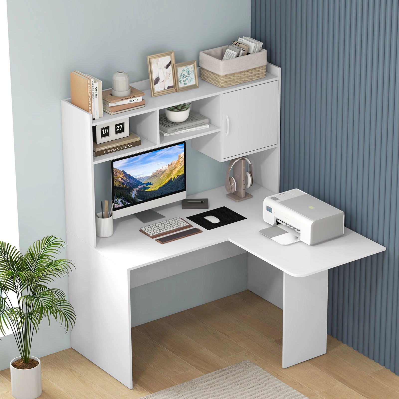 SlickBlue L-Shaped Computer Desk with Raised Hutch and Shelves