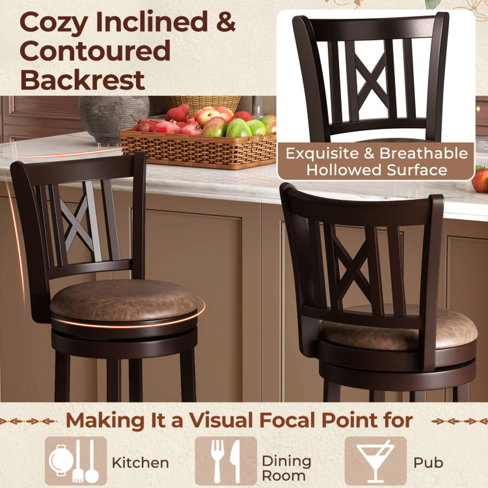SUGIFT Set of 2 Swivel Bar Stools with Footrest and Hollowed Backrest 275-lb Capacity 30-in Seat Height Coffee & Brown