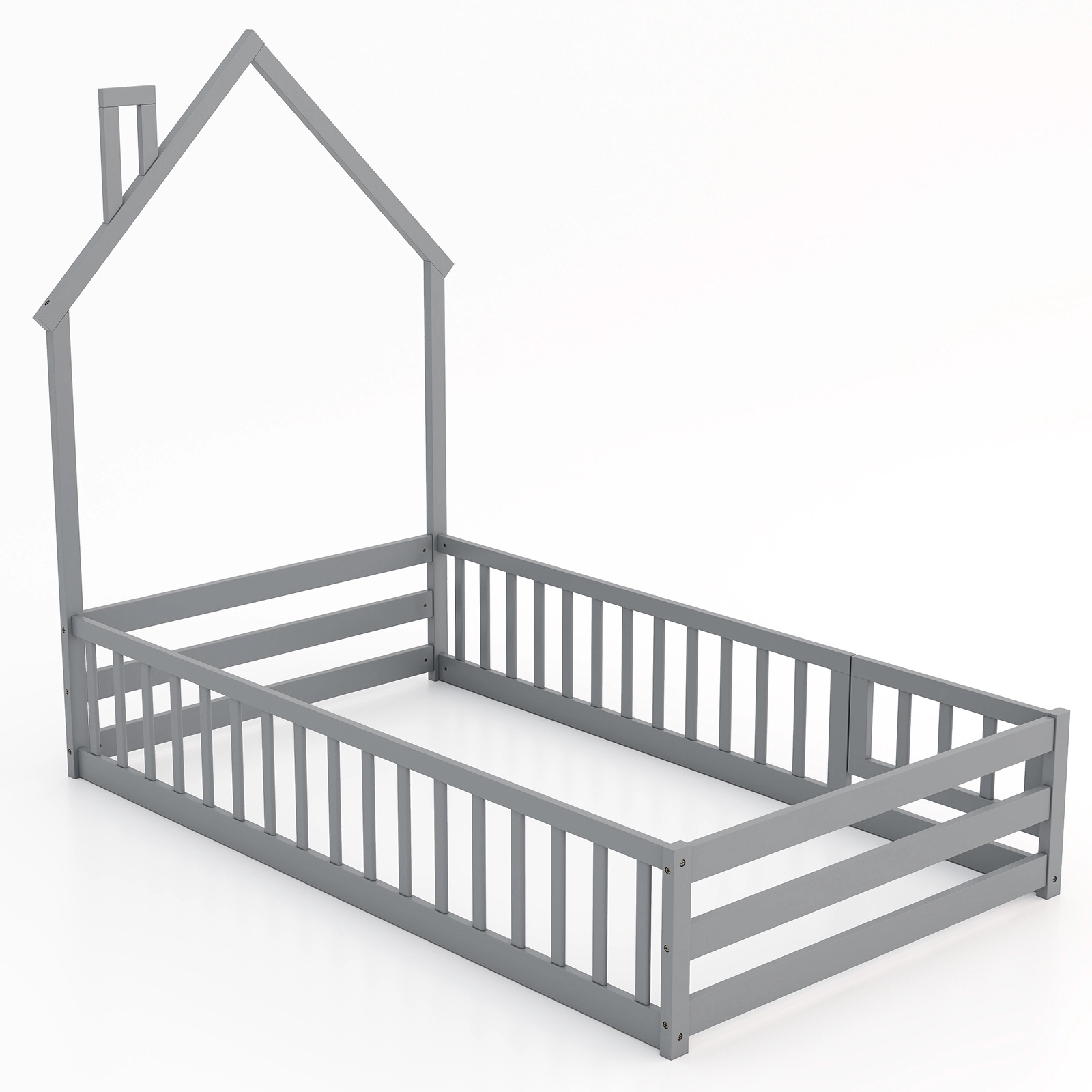 SUGIFT House-Shaped Twin Size Montessori Floor Bed with Lockable Door and Full-Length Guardrail Gray/White